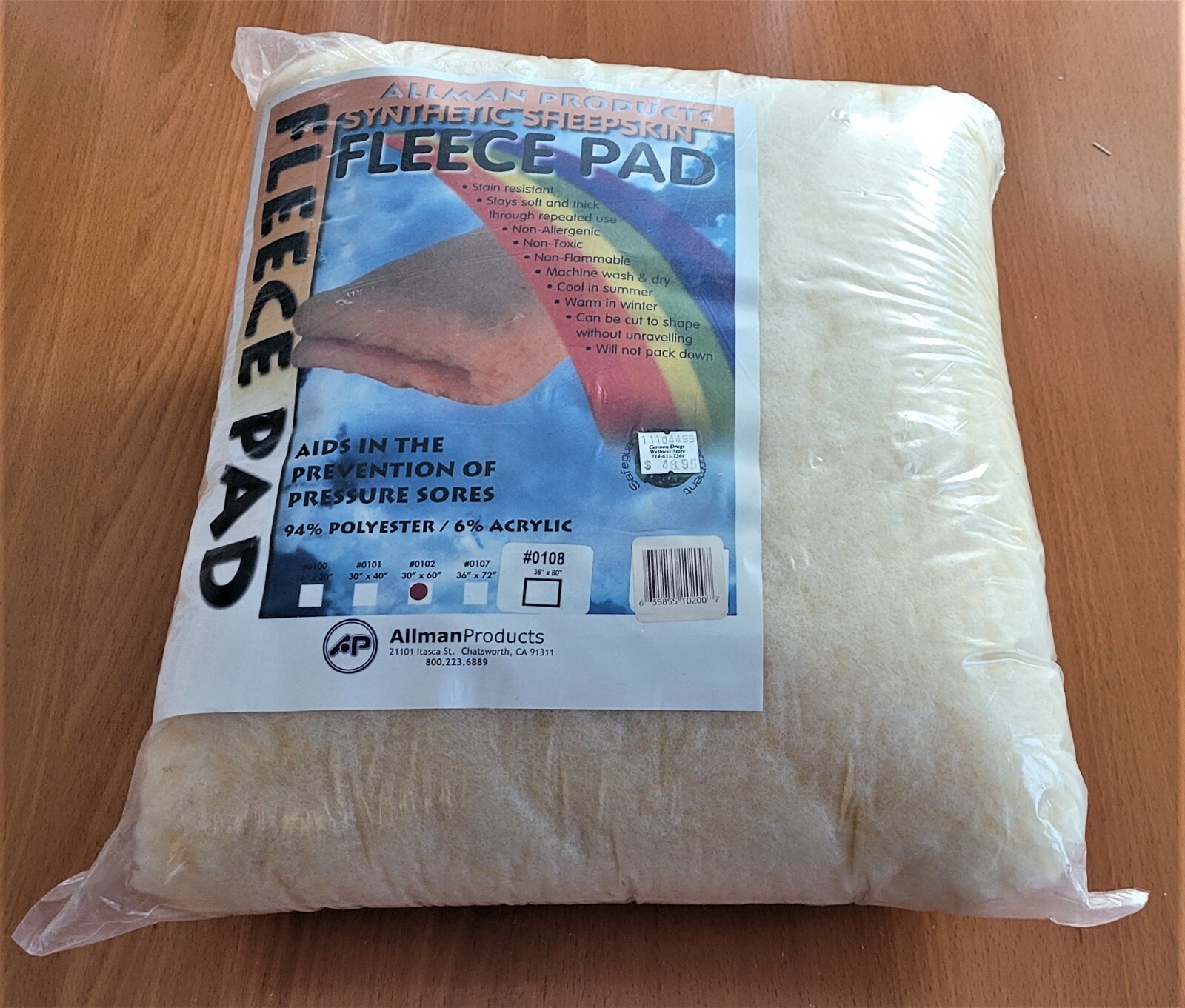ALLMAN PRODUCTS SYNTHETIC SHEEPSKIN FLEECE PAD #0102 30″ X 60″