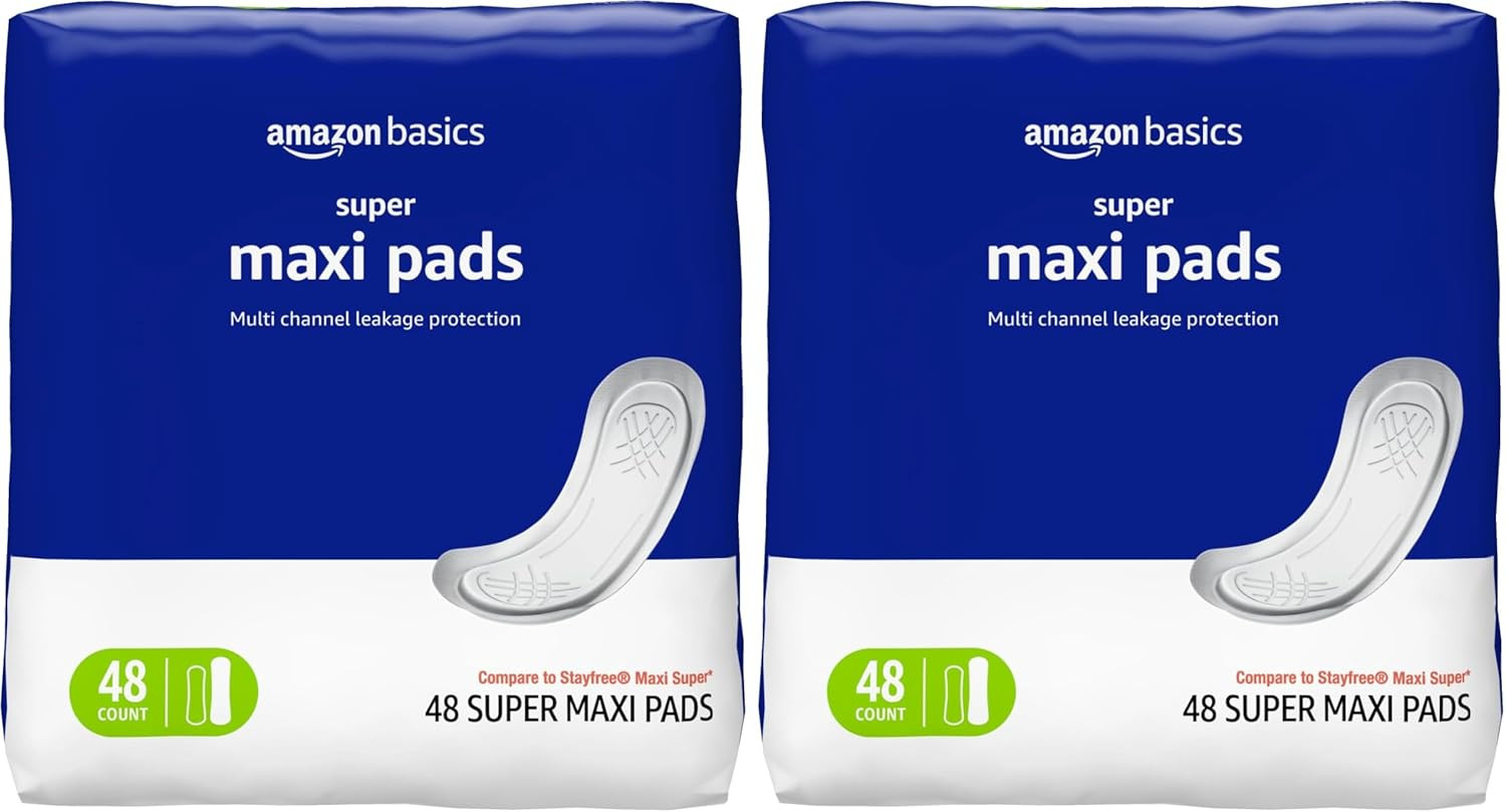 Maxi Pads for Periods- Thick, Super Absorbency, Unscented, 48 Count (Pack of 2)