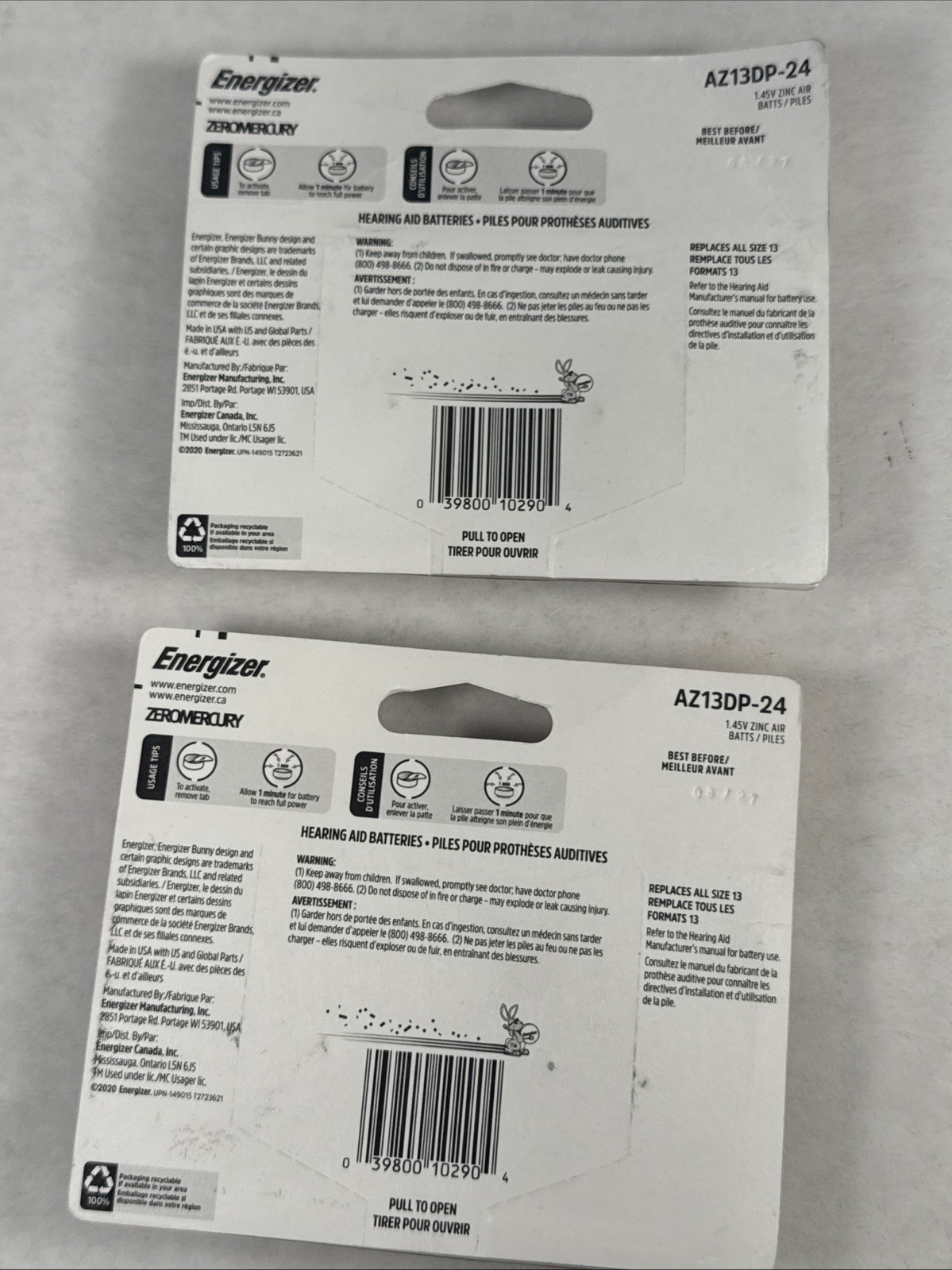 2 Pk Energizer Hearing Aid Batteries Size 13 Orange Tab 24 ea.=48 Total Exp 2027