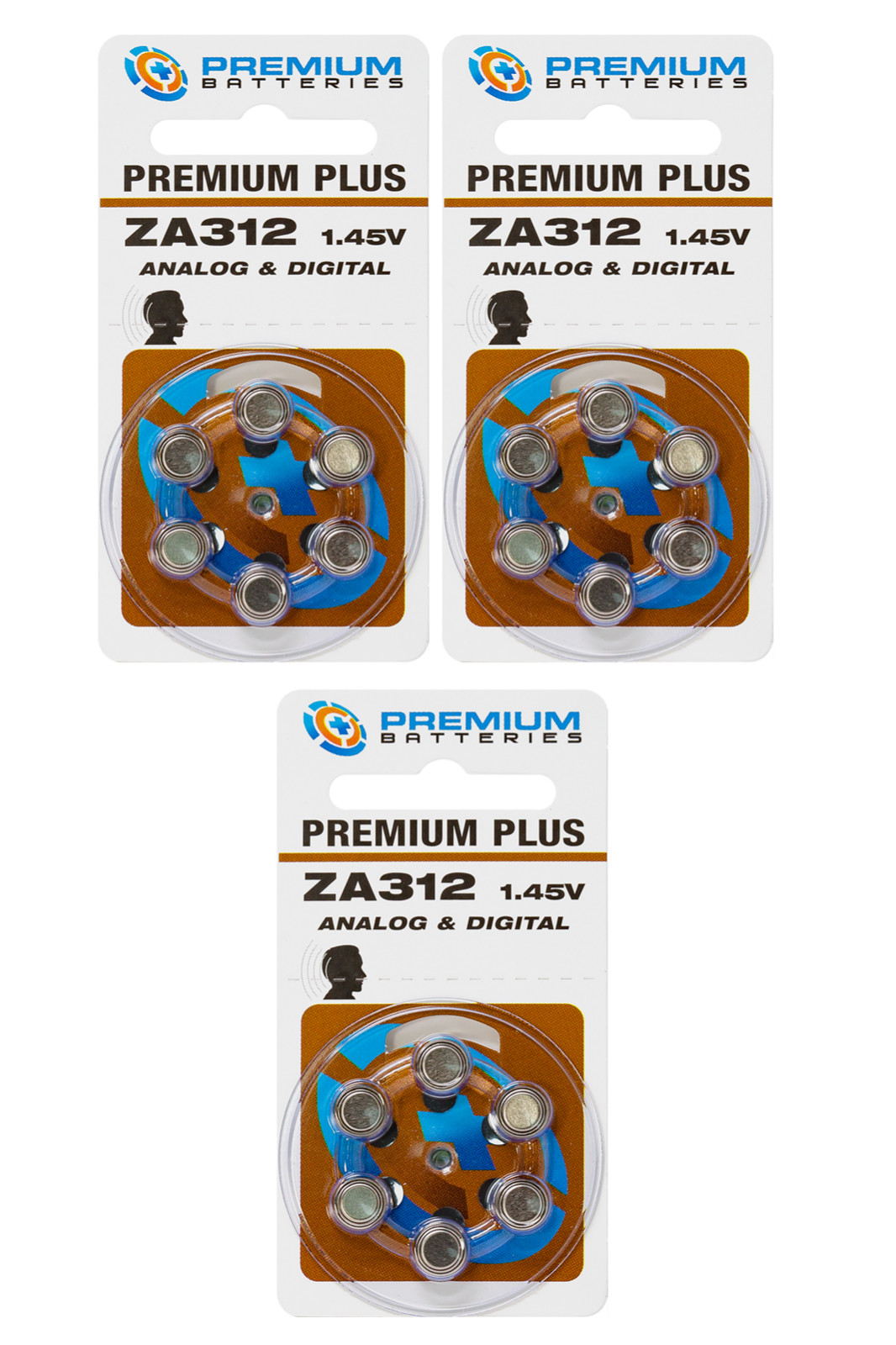 Premium Batteries Size 312 ZA312 1.45V Hearing Aid Batteries Brown Tab (18 Pack)