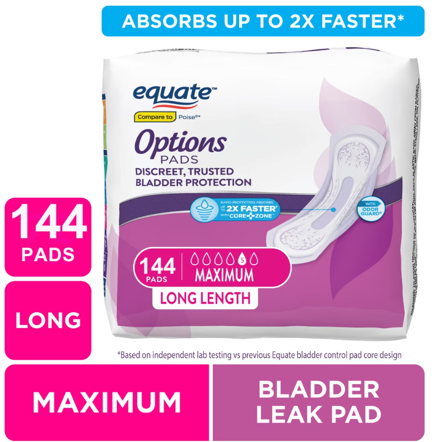 Equate Options Incontinence Pads for Women, Maximum, Long, 144 Count