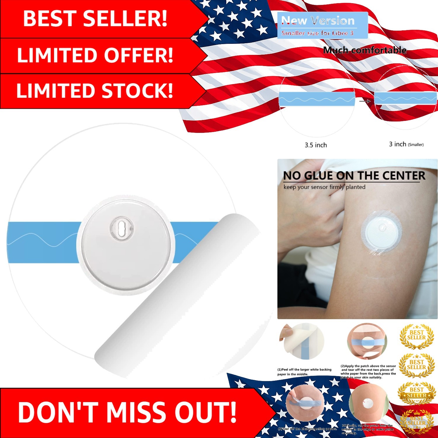 Transparent Adhesive Patches for Libre 3 – 50 Pack, No Glue Center