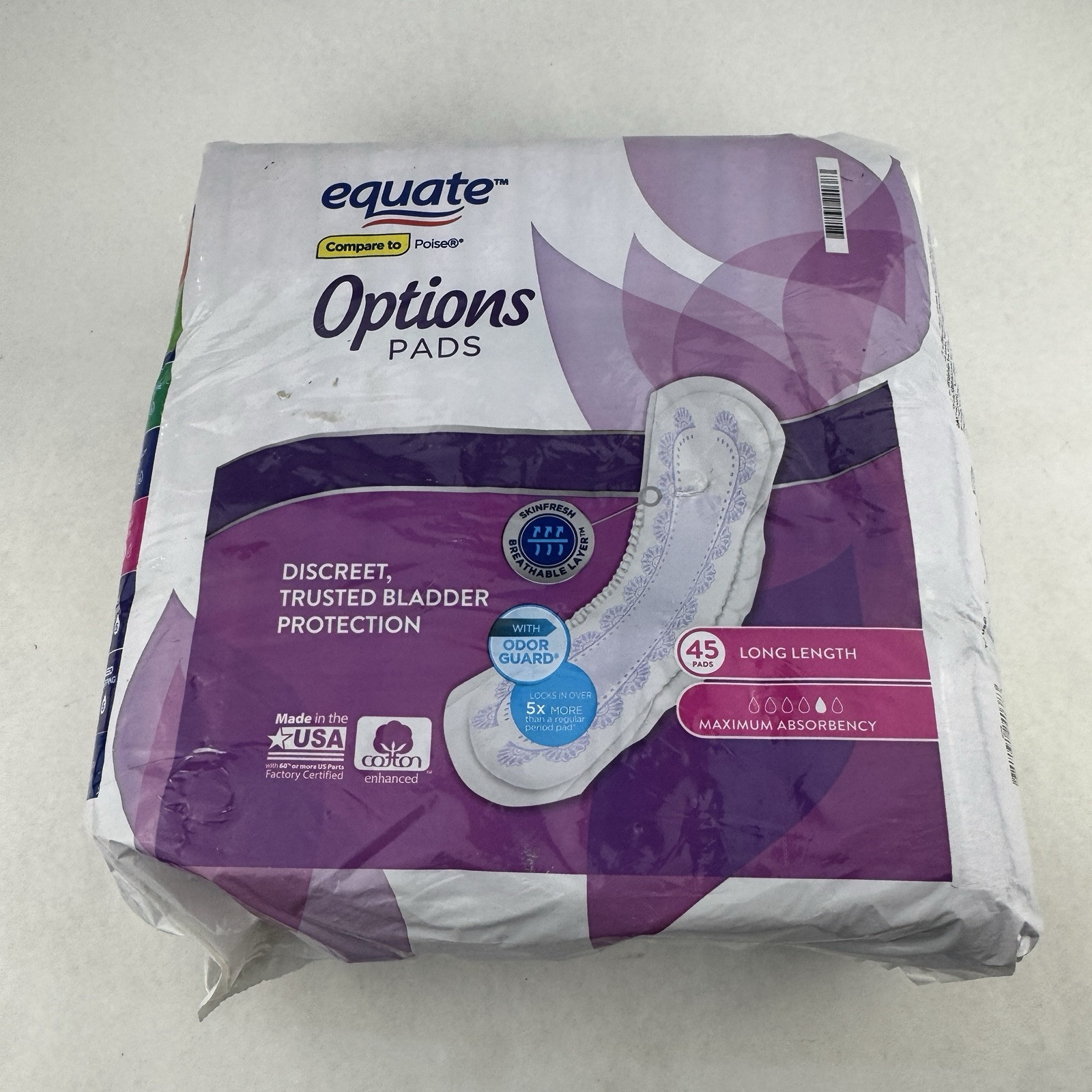 Equate Options Maximum Absorbency Long Length Pads 45 Count Open Pack