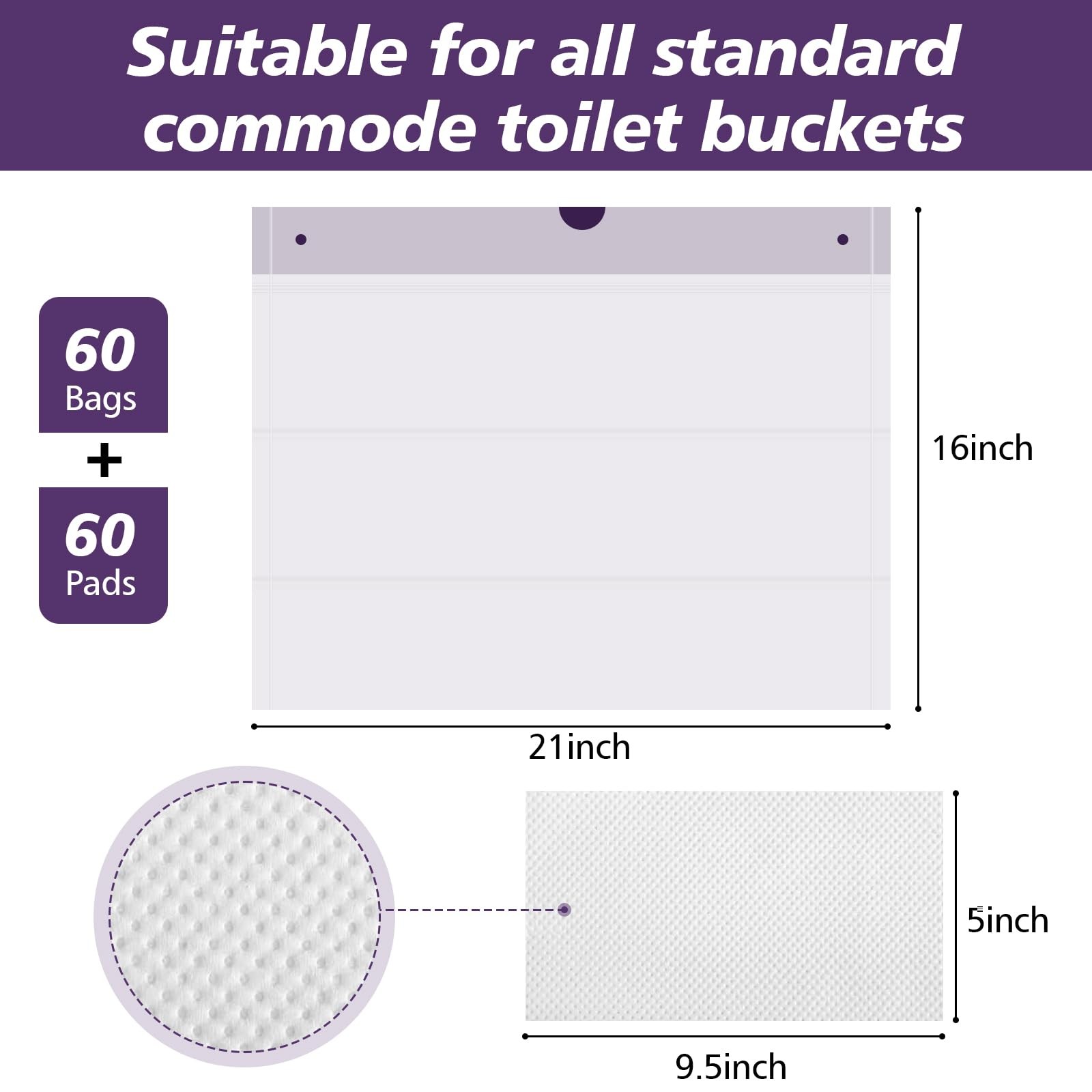 Commode Liners with Absorbent Pads, 60 Commode Liners and 60 Commode