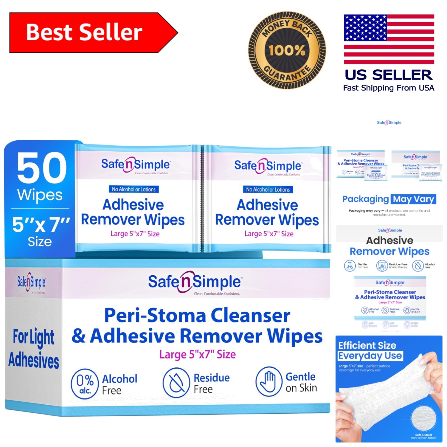Quick and Easy Adhesive Remover Wipes for Skin – 50 Count, Alcohol-Free Formula
