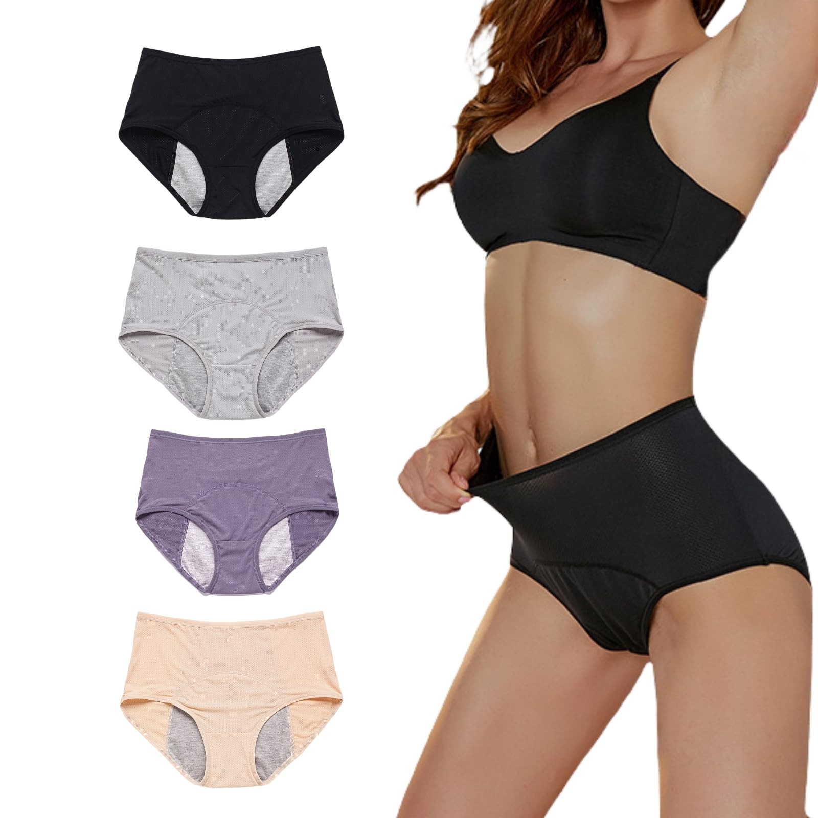 Lmaray Washable Women’s Incontinence Underwear 4 Colors, High Waist Panties XL