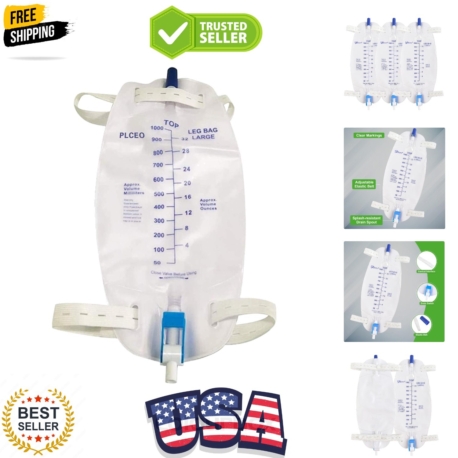 Easy-Tap Leg Bag Urinary Drainage Bag, 1000ml, Anti-Reflux Valve, Cloth Strap…