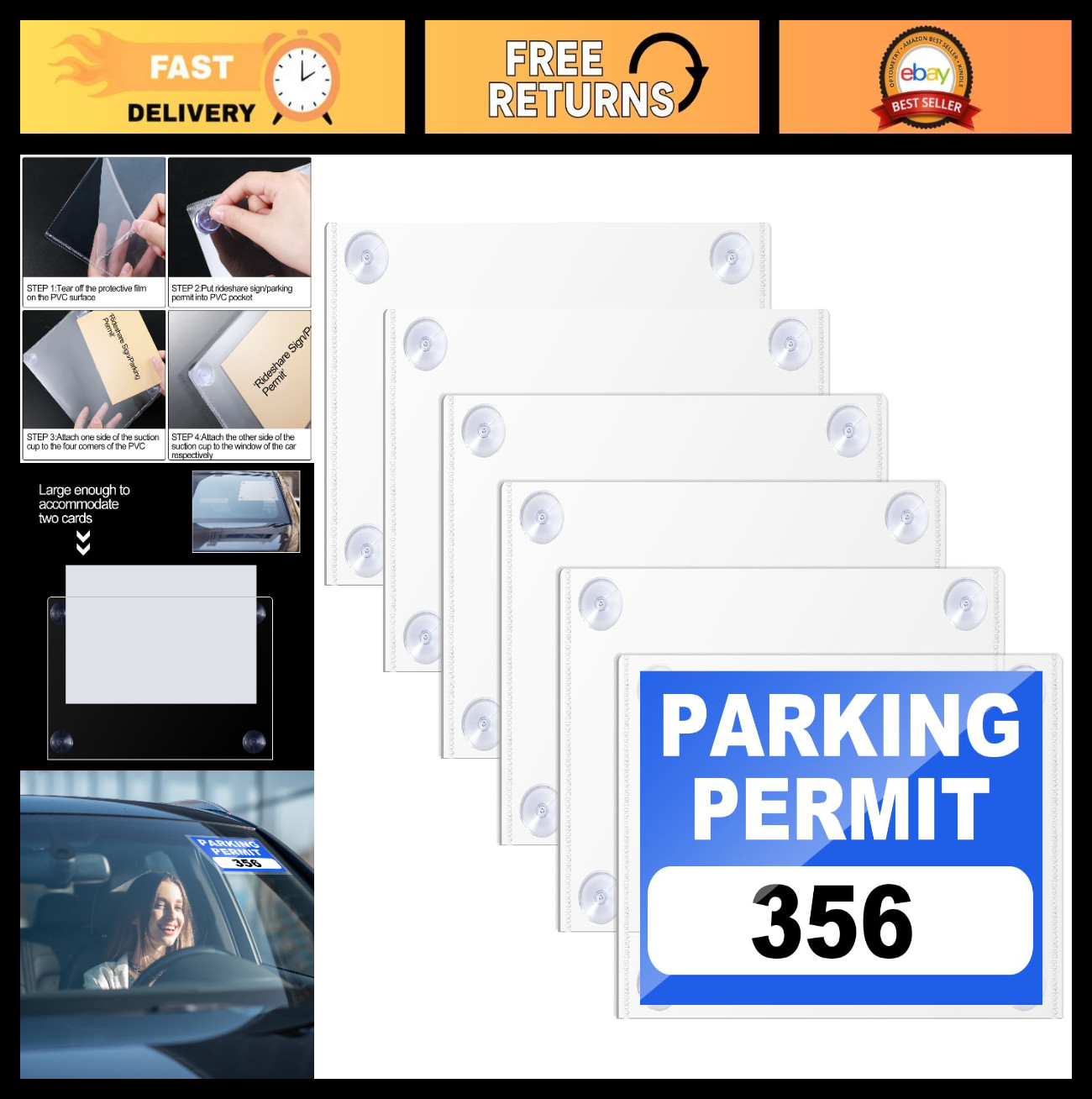 6 Pcs Clear Parking Permit Holder with Suction Cups – Removable Windshield Tag P