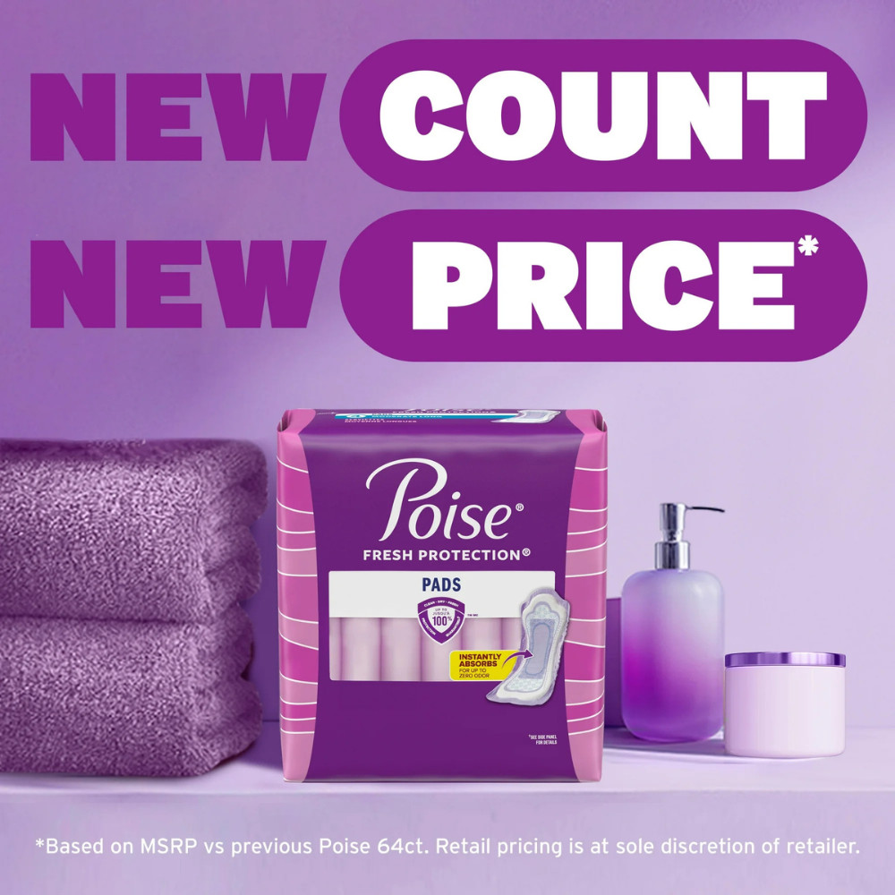 Poise Incontinence Pads for Women, 5 Drop Maximum Absorbency, Long Length, 60 Ct