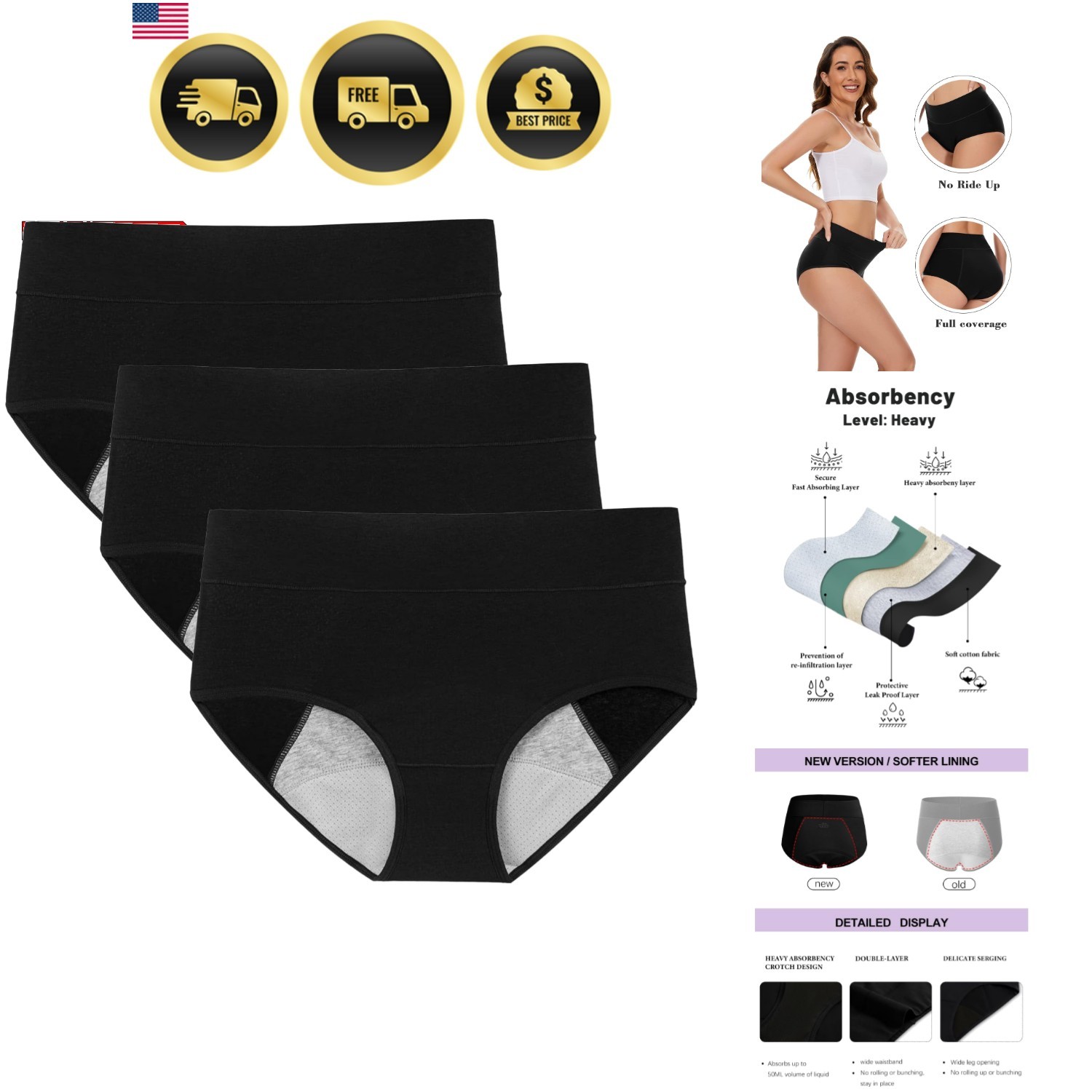 Women’s High Absorbency Period Cotton Underwear Heavy Flow Leakproof PantiesR…