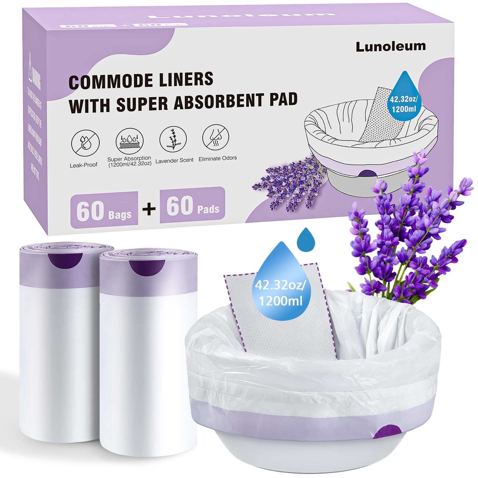 Commode Liners with Absorbent Pads, 60 Commode Liners and 60 Commode