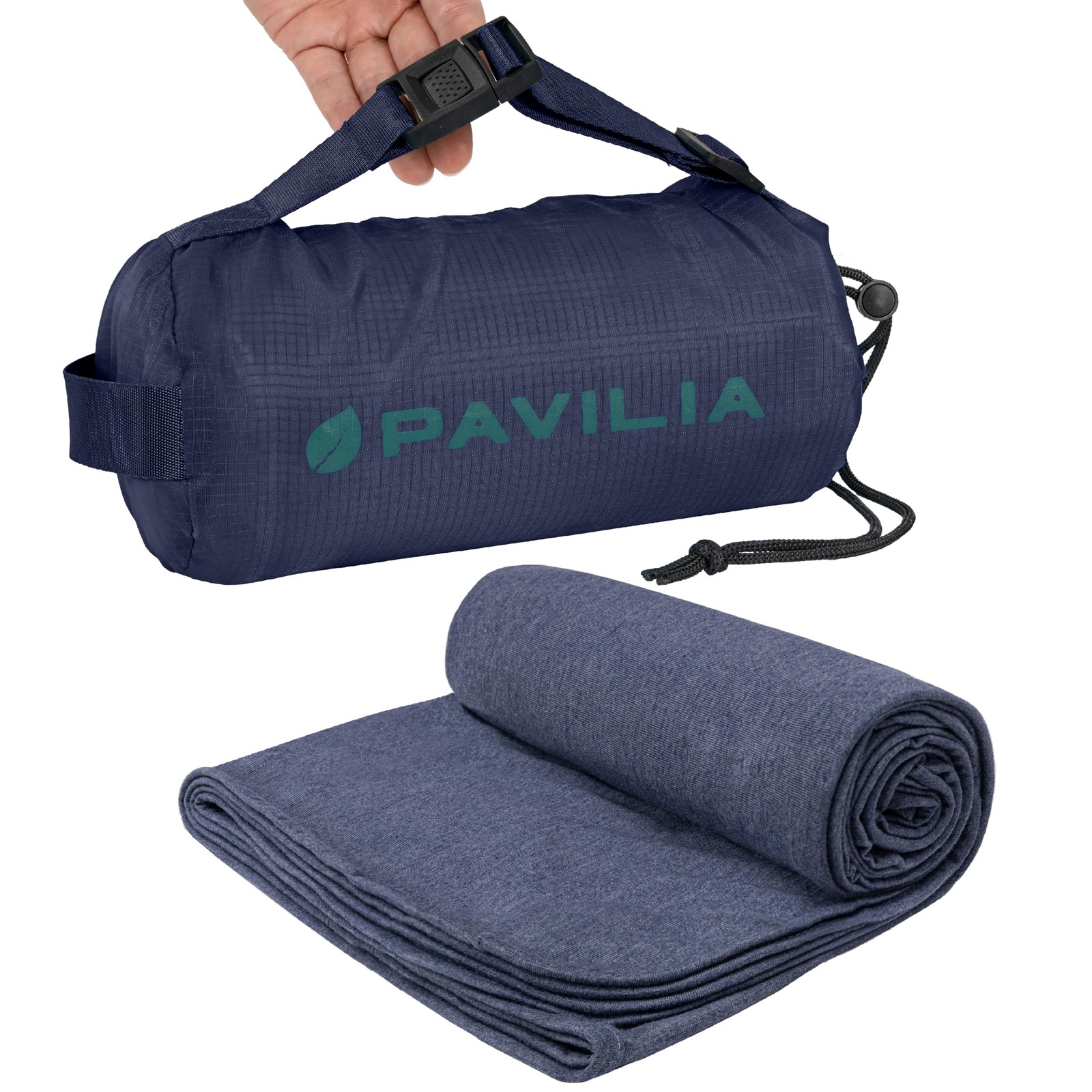 PAVILIA Travel Blanket Airplane Compact with Bag, 65 x 40 inches, Navy Blue