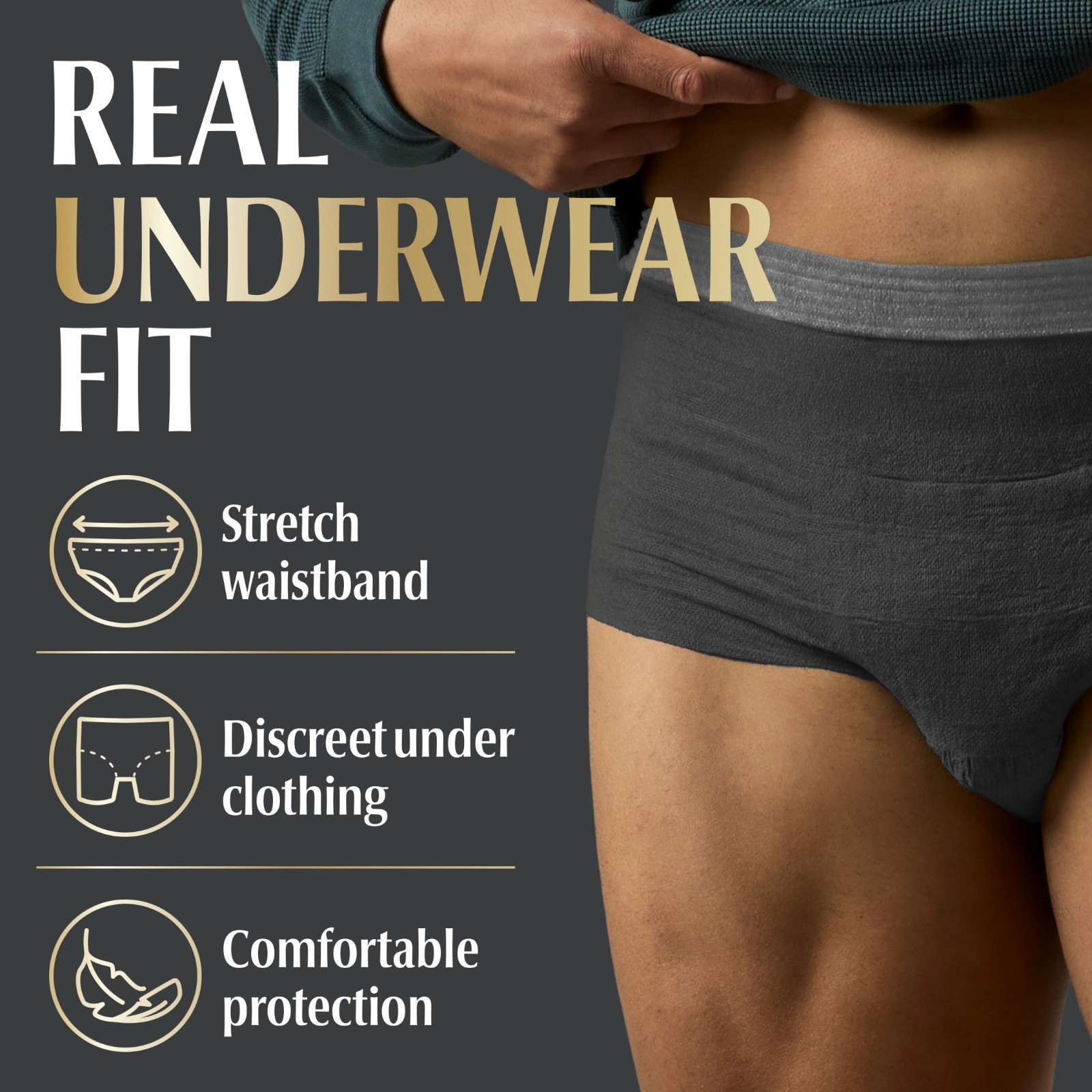 Depend Real Fit Incontinence Underwear for Men, Adult Diapers, L/XL, Black, 52 C