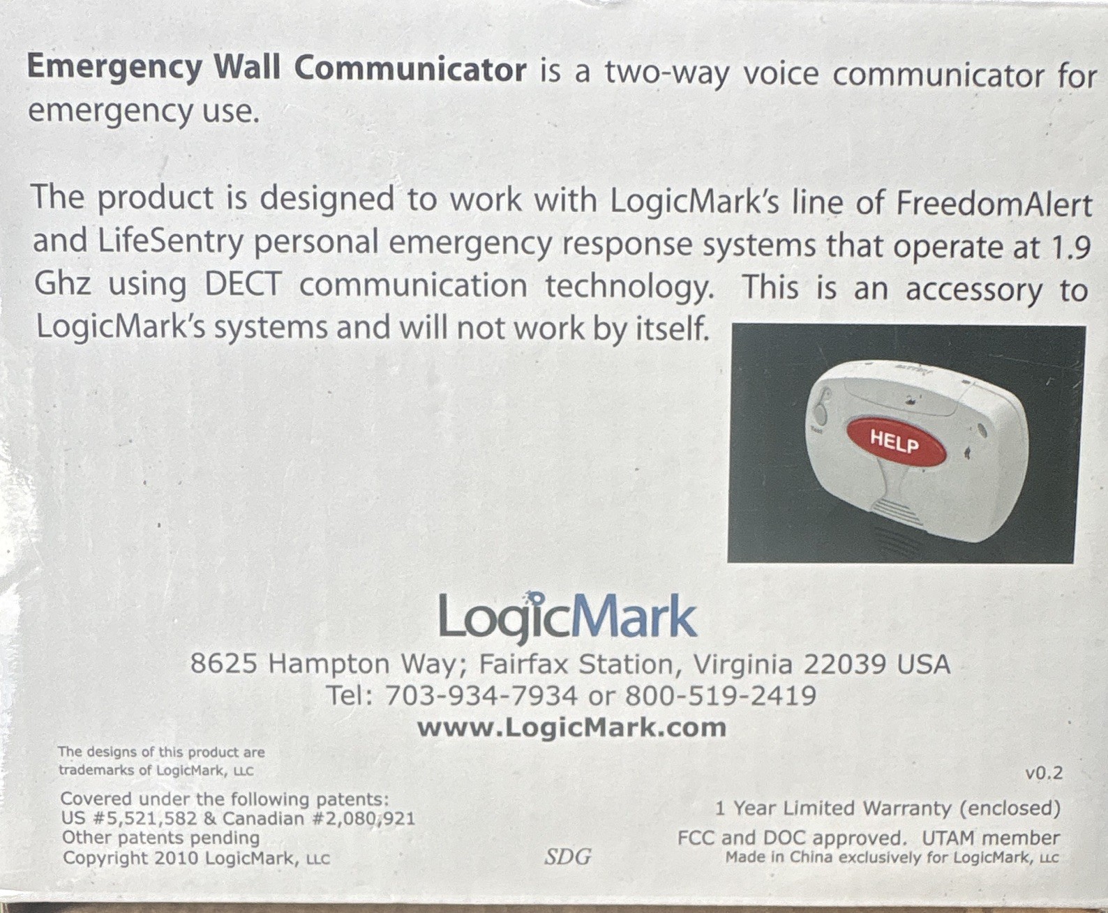 LogicMark Emergency Wall Communicator 2-Way Communication White/Red Model 37920