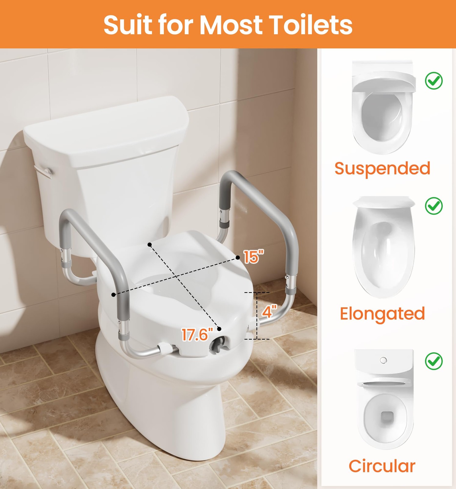 HOMLAND Raised Toilet Seat Handles Handicap Toilet Seat Risers Seniors Elevated