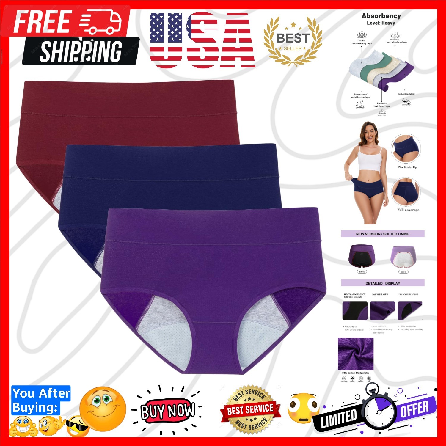 Women’s High Absorbency Period Cotton Underwear Heavy Flow Leakproof PantiesR…