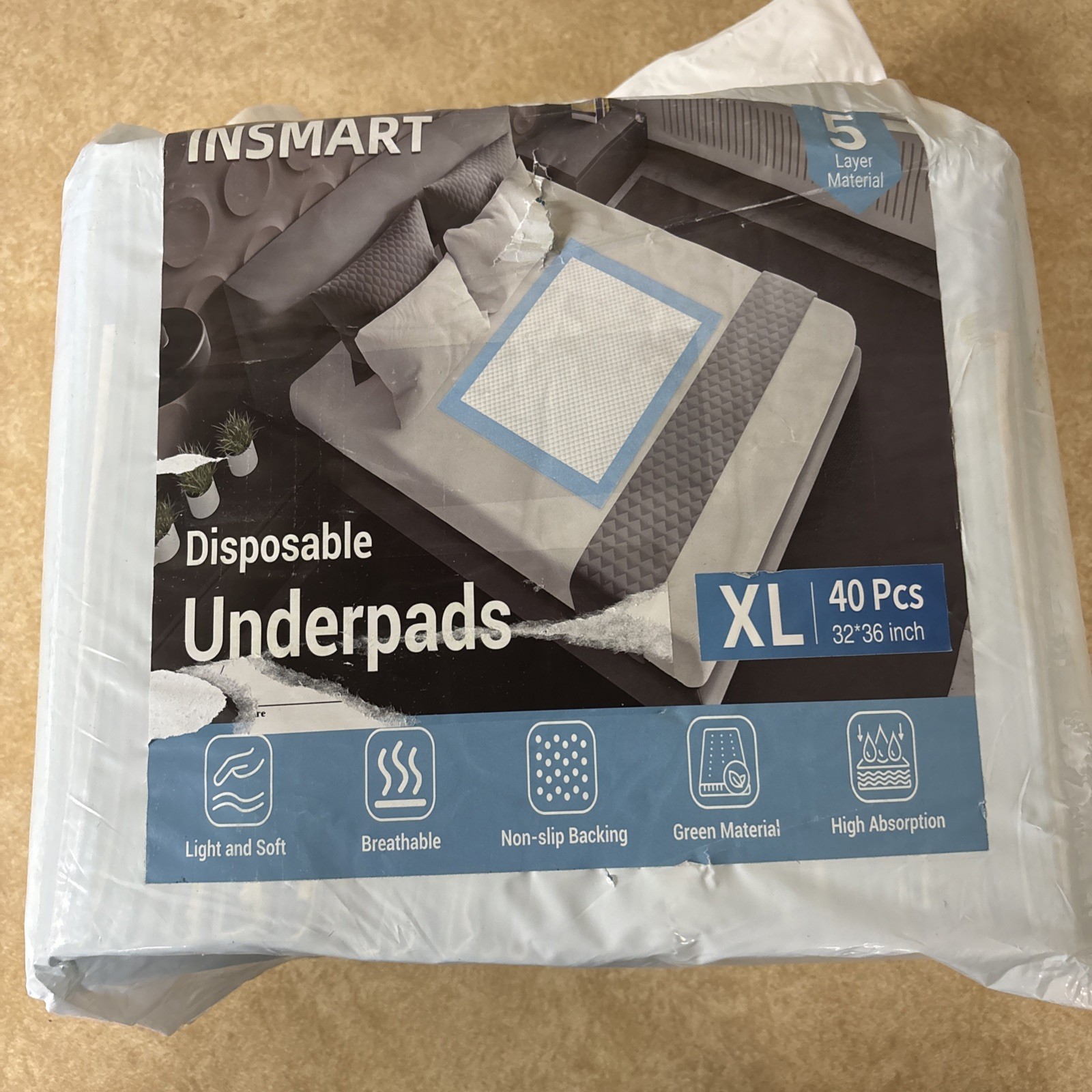 Insmart Disposable Underpads XL 32″ x 36″, 40 Count High Absorption Non-Slip