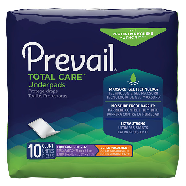 Prevail Bed Pads.. 30×36 bed chucks, Total Care Under Pads 10 Count Package
