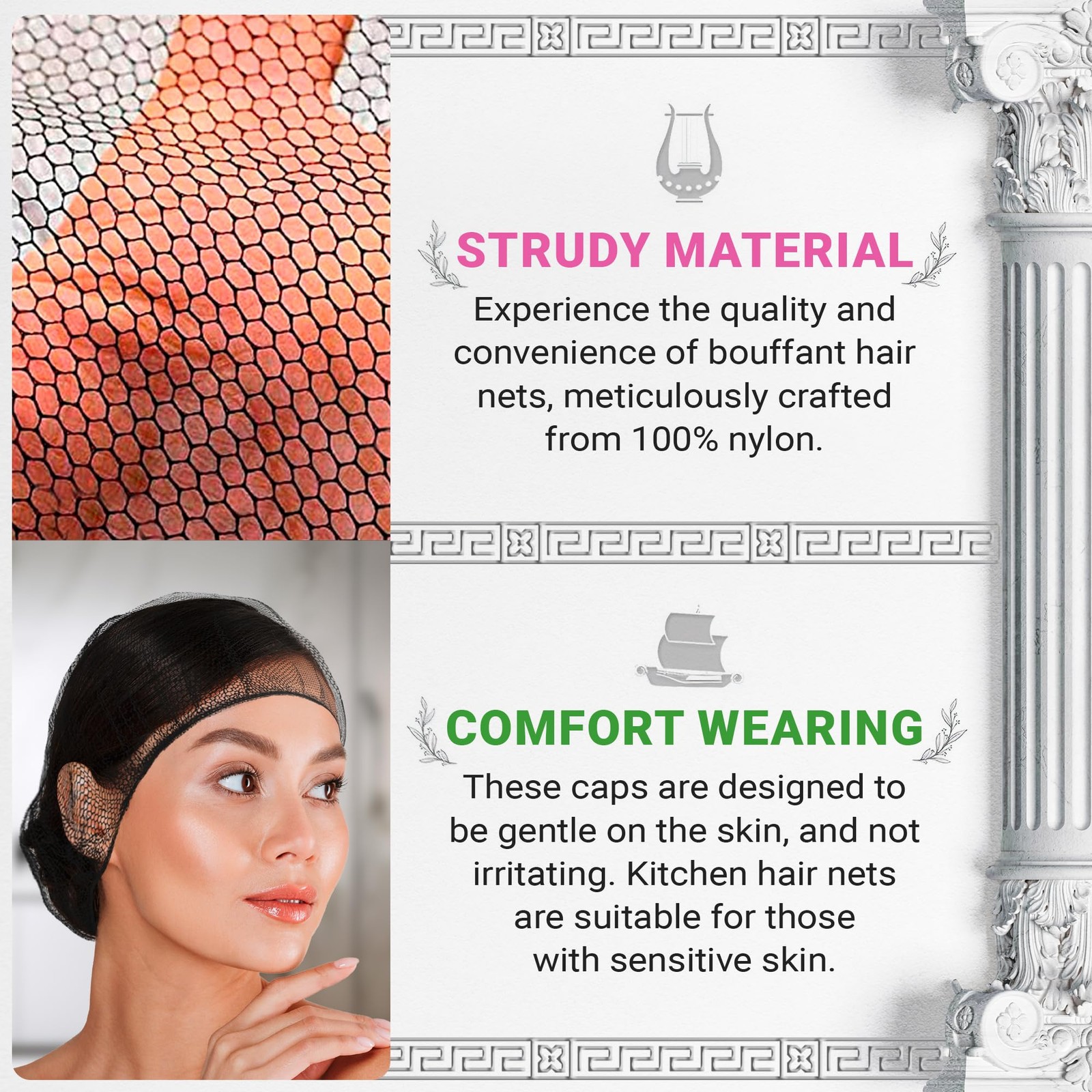 ABC Black Disposable Hair Net, 28 Inch. Pack of 100 Nylon Hair Nets Food Service