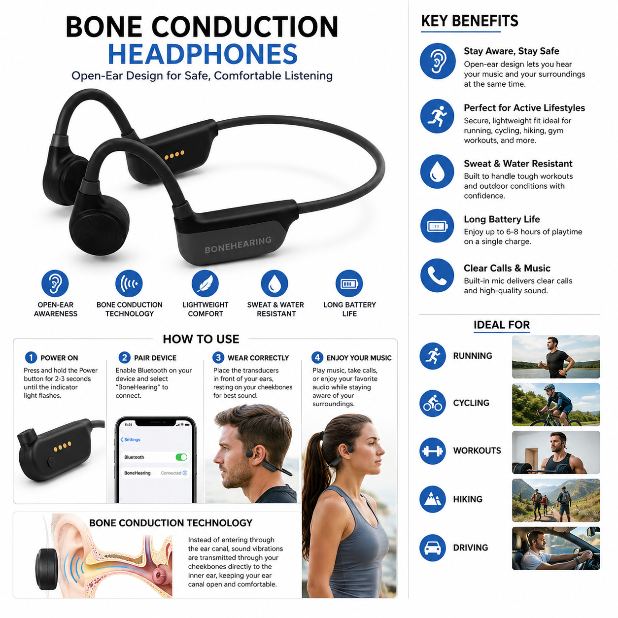 Open Ear Bone Conduction Bluetooth Headphones Wireless Sports Headset Mic