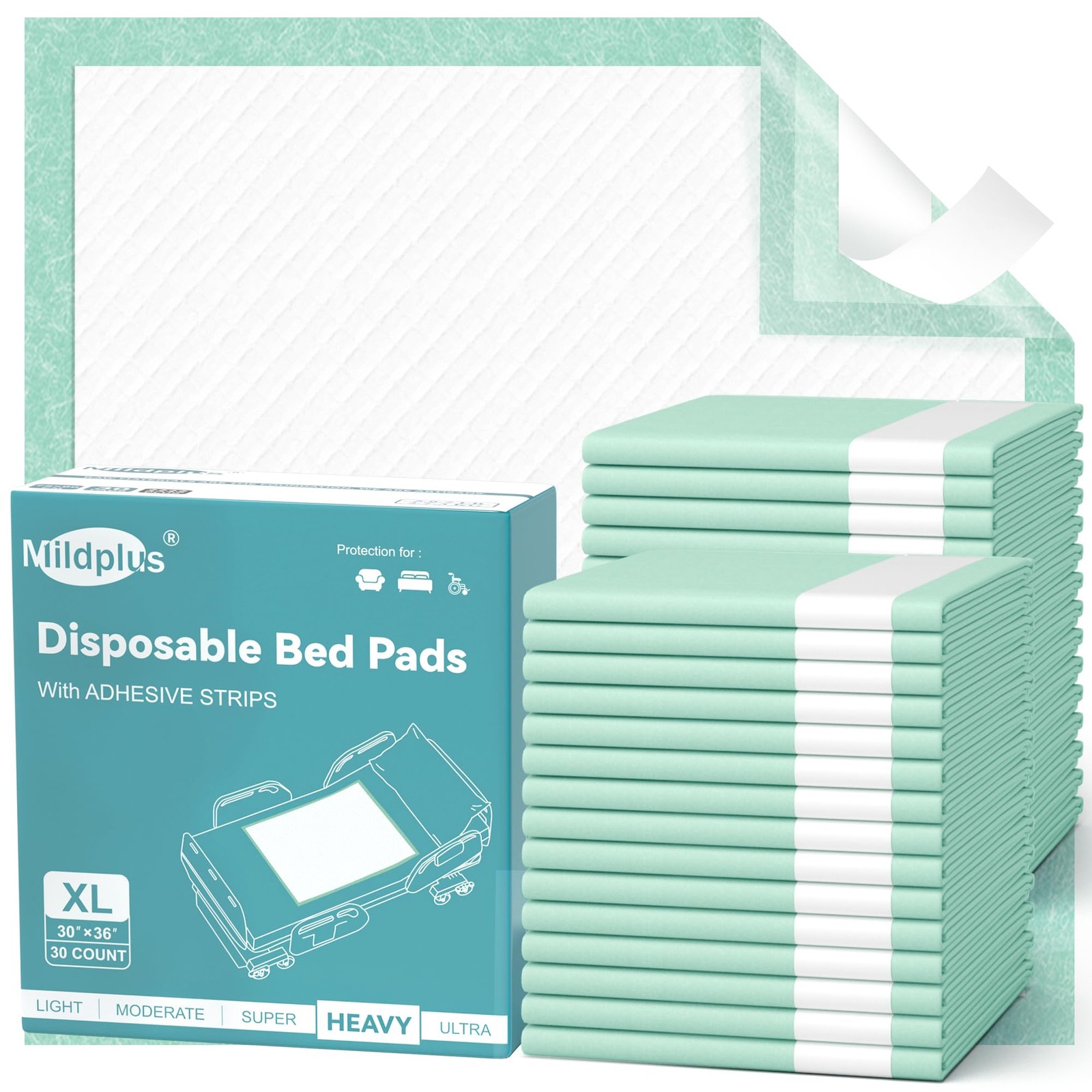 MILDPLUS Bed Pads with Adhesive Strips 30X36, 30 Count | Extra Large XL Under…