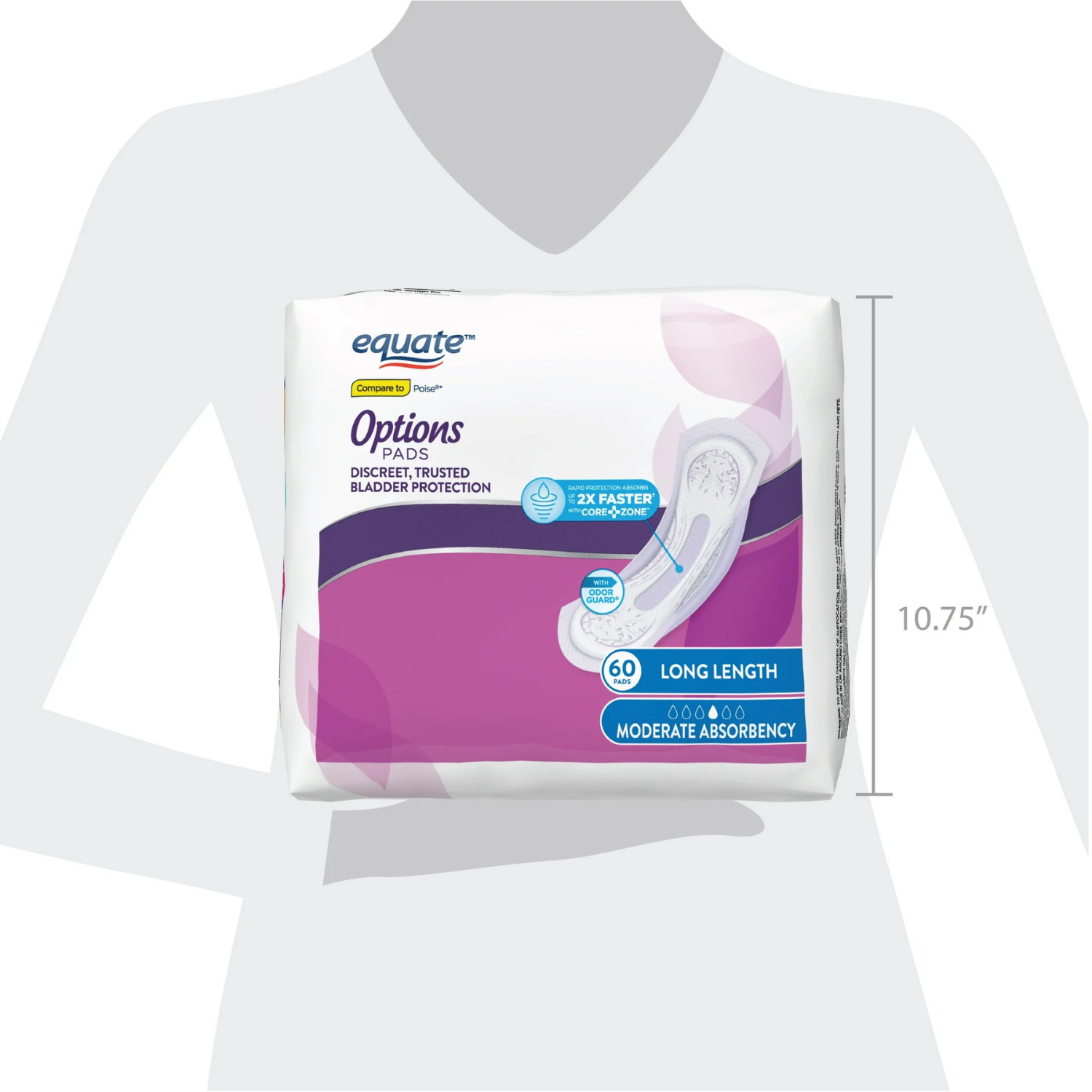 Equate Options Women’s Incontinence Pads, Leak Protection, Long Length, 60 Count