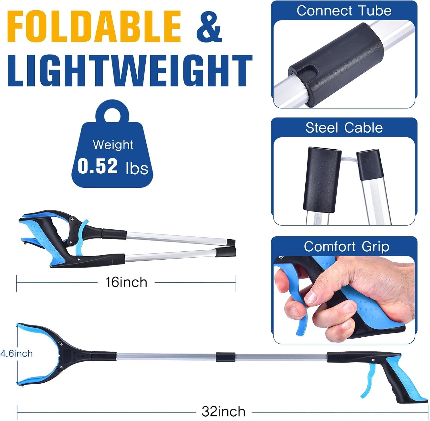 2- Pack 32 inch GrabRunner Folding Reacher Grabber Tool with Magnetic(Blue/Pink)
