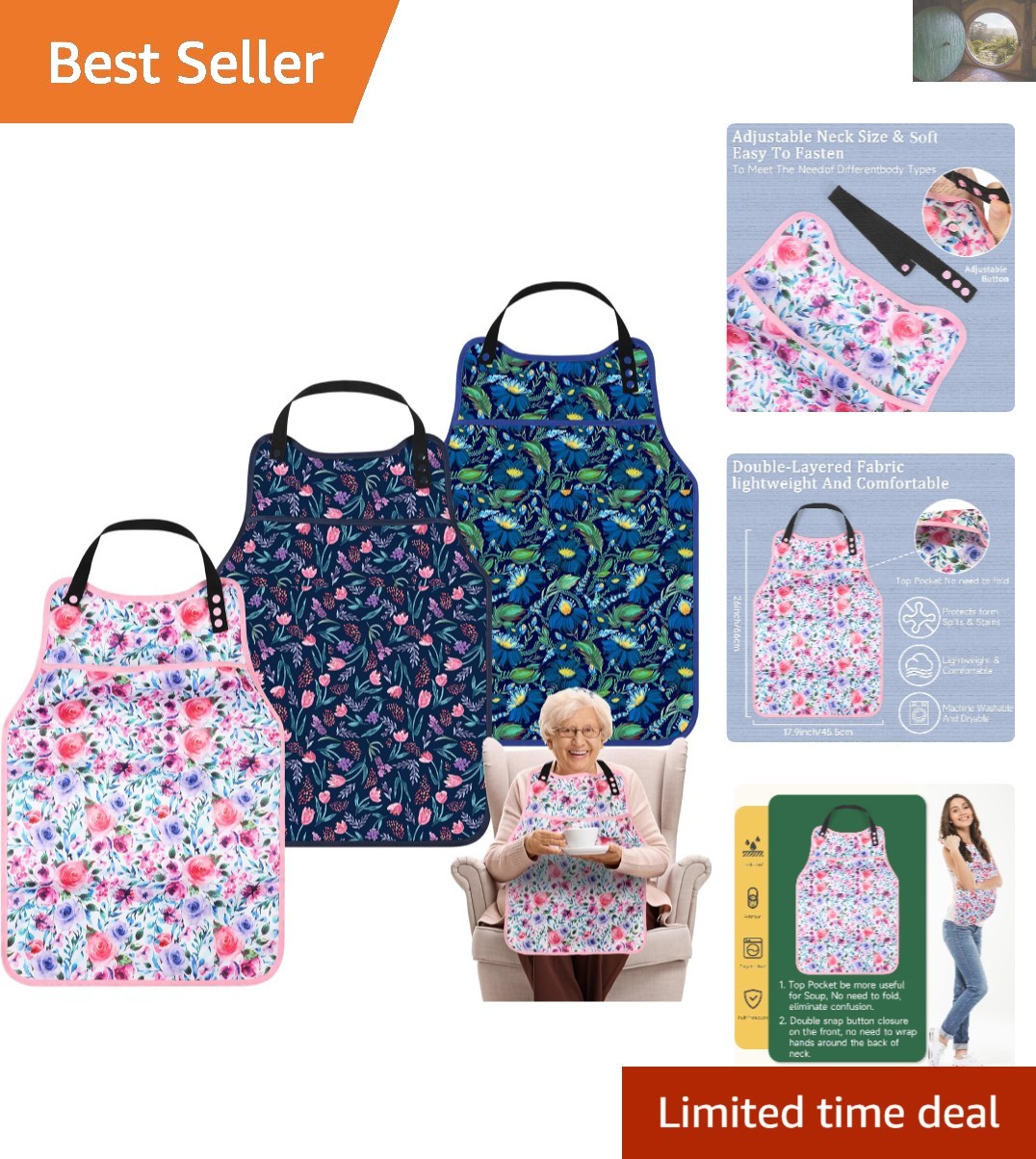 3 Pack Waterproof Adult Bibs with Crumb Catcher – Machine Washable for Easy Care