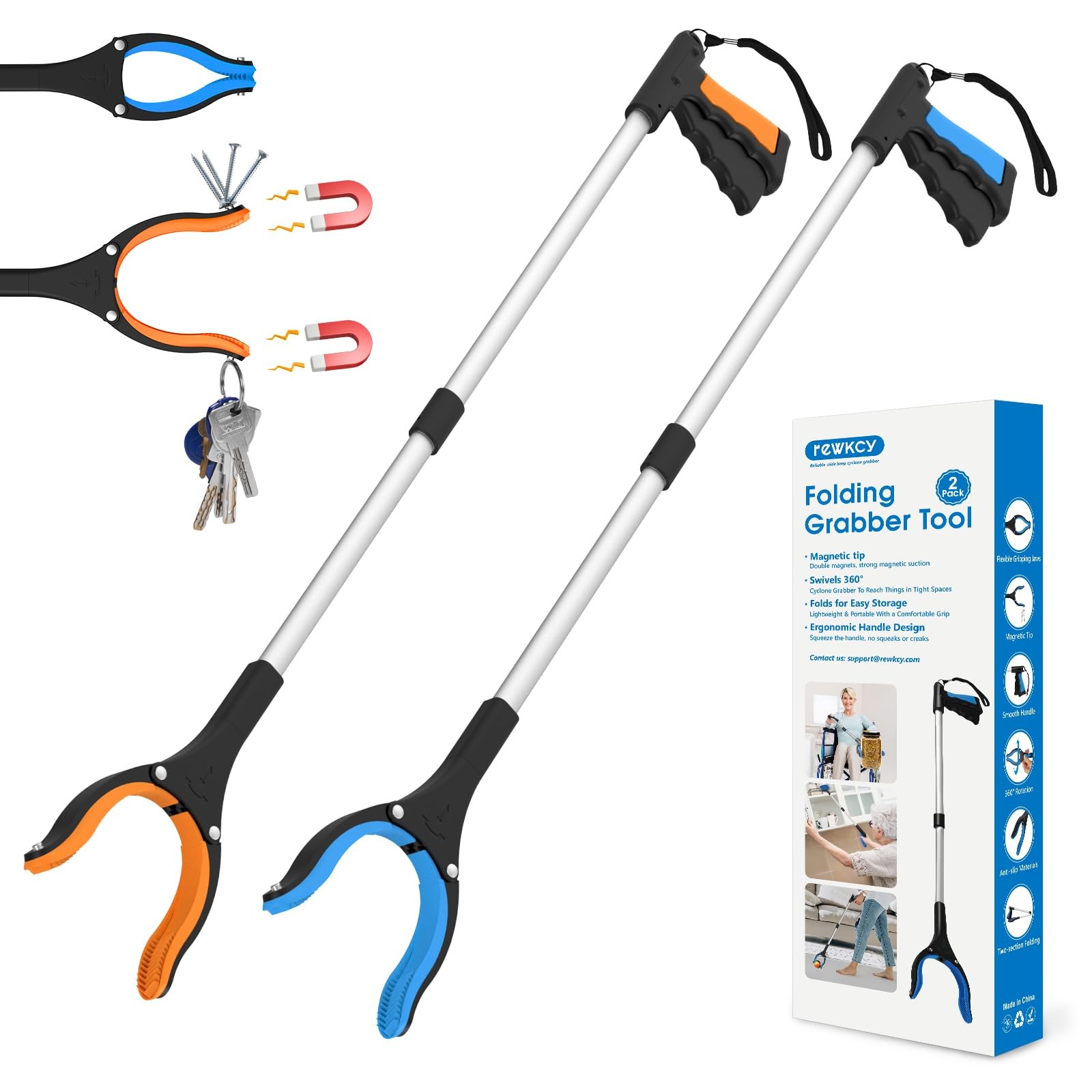 REWKCY 34″ Grabber Reacher Tool, 2-Pack 34-Inch (Pack of 2), Blue&orange