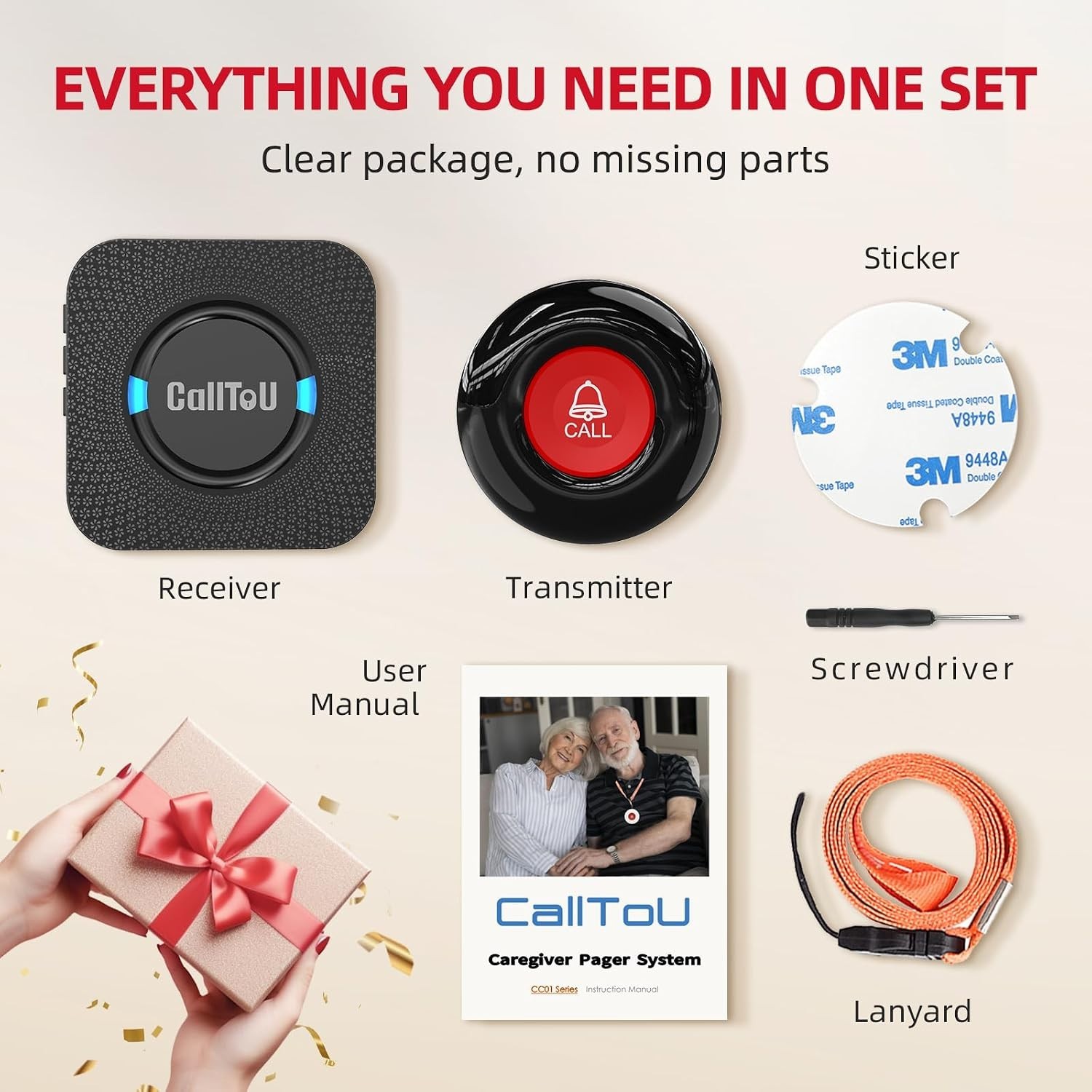 Home Care Alert System: 4 Waterproof Call Buttons, 2 Receivers, 500ft Range, LED