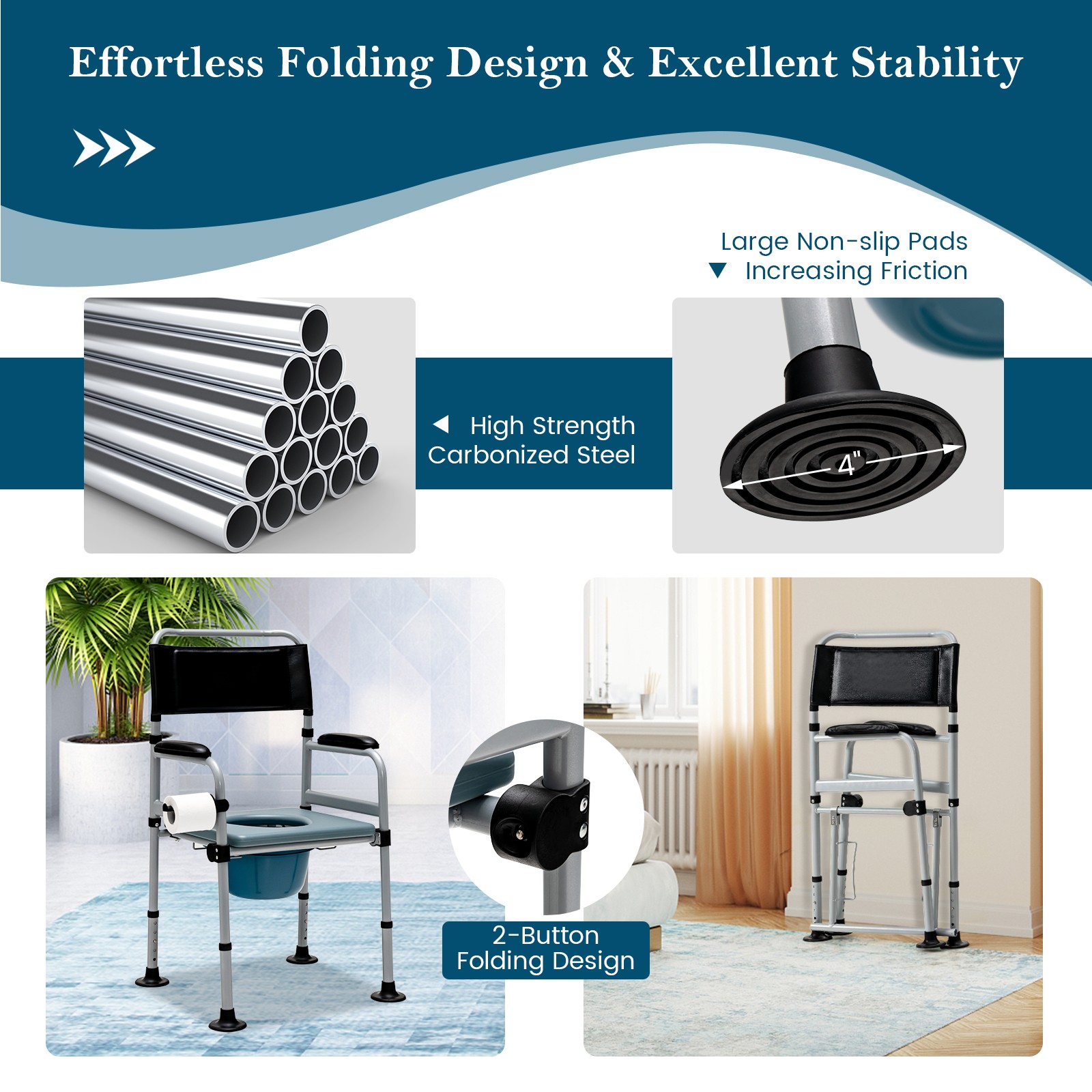 4-in-1 Bedside Commode Folding Toilet Chair Shower Chair Mobile Toilet Chair