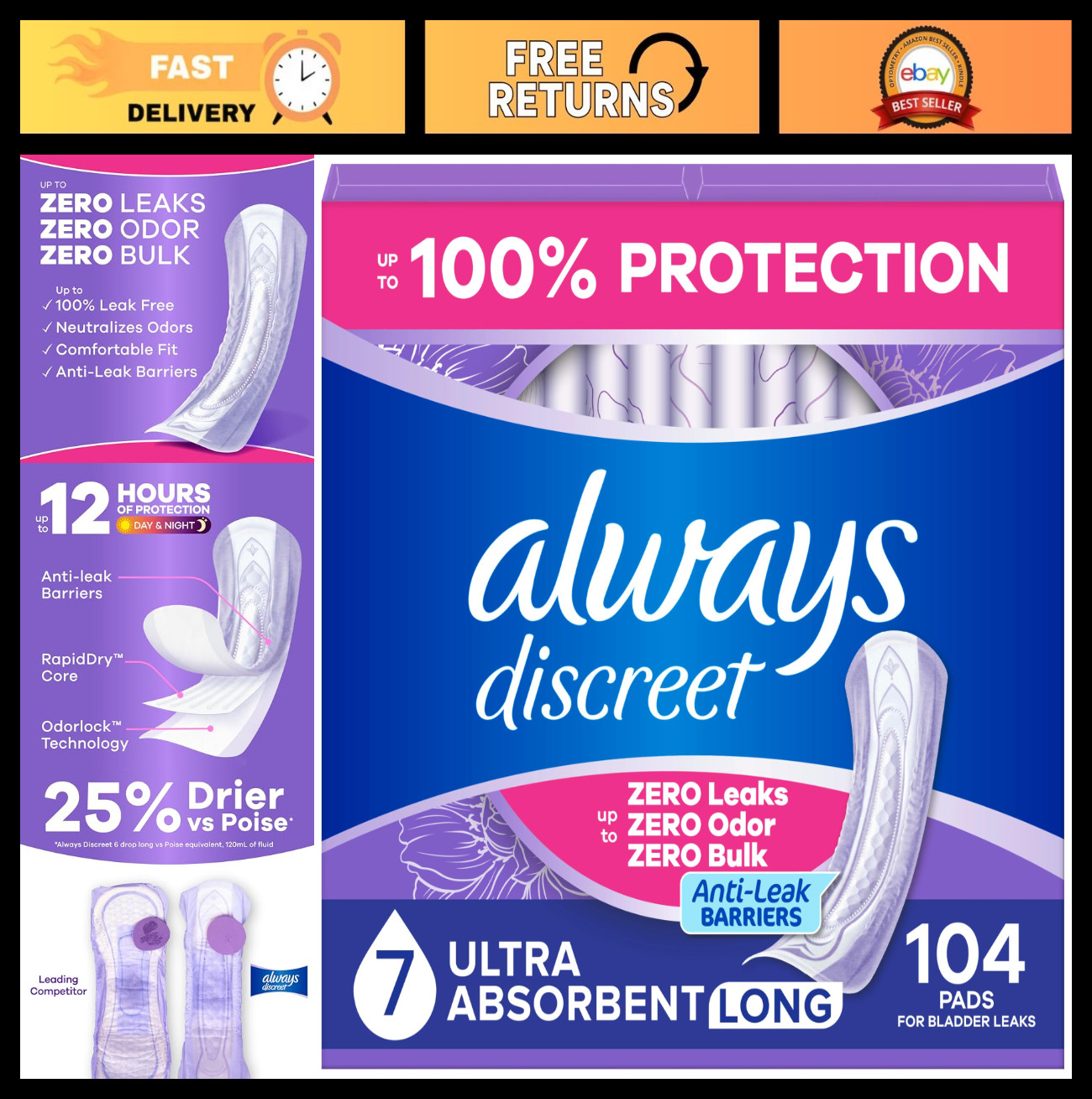 Ultra Absorbent Incontinence Pads for Women, Long Length, Bladder Control, 104ct
