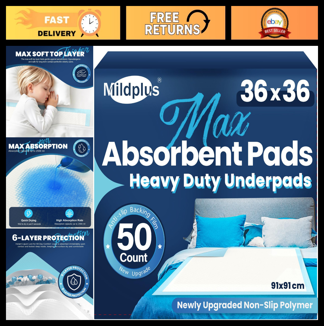 Heavy Duty 36″x36″ Disposable Bed Pads – 50 Count, Super Absorbent Incontinence