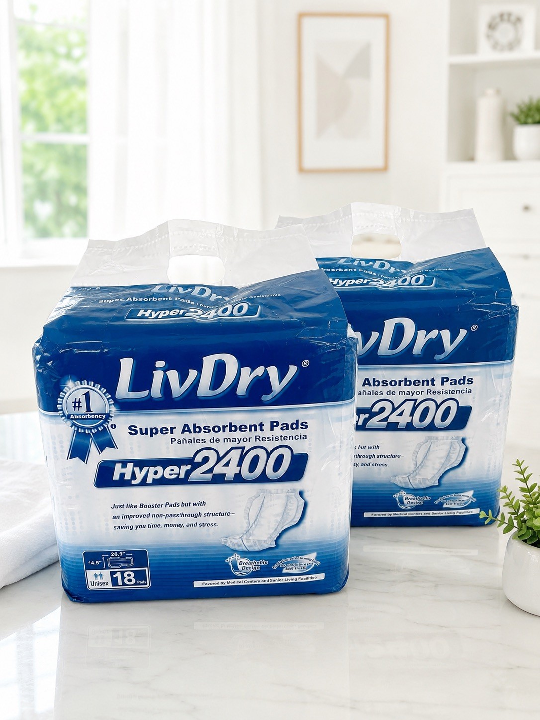 LivDry Hyper 2400 Super Absorbent Incontinence Pads (New) 2-Packs. 18ct. Unisex