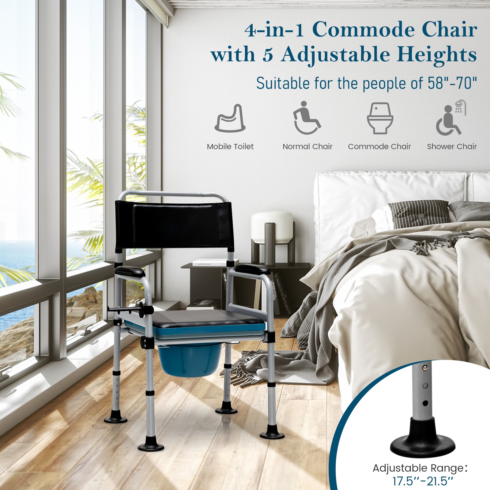 4-in-1 Bedside Commode Folding Toilet Chair Shower Chair Mobile Toilet Chair