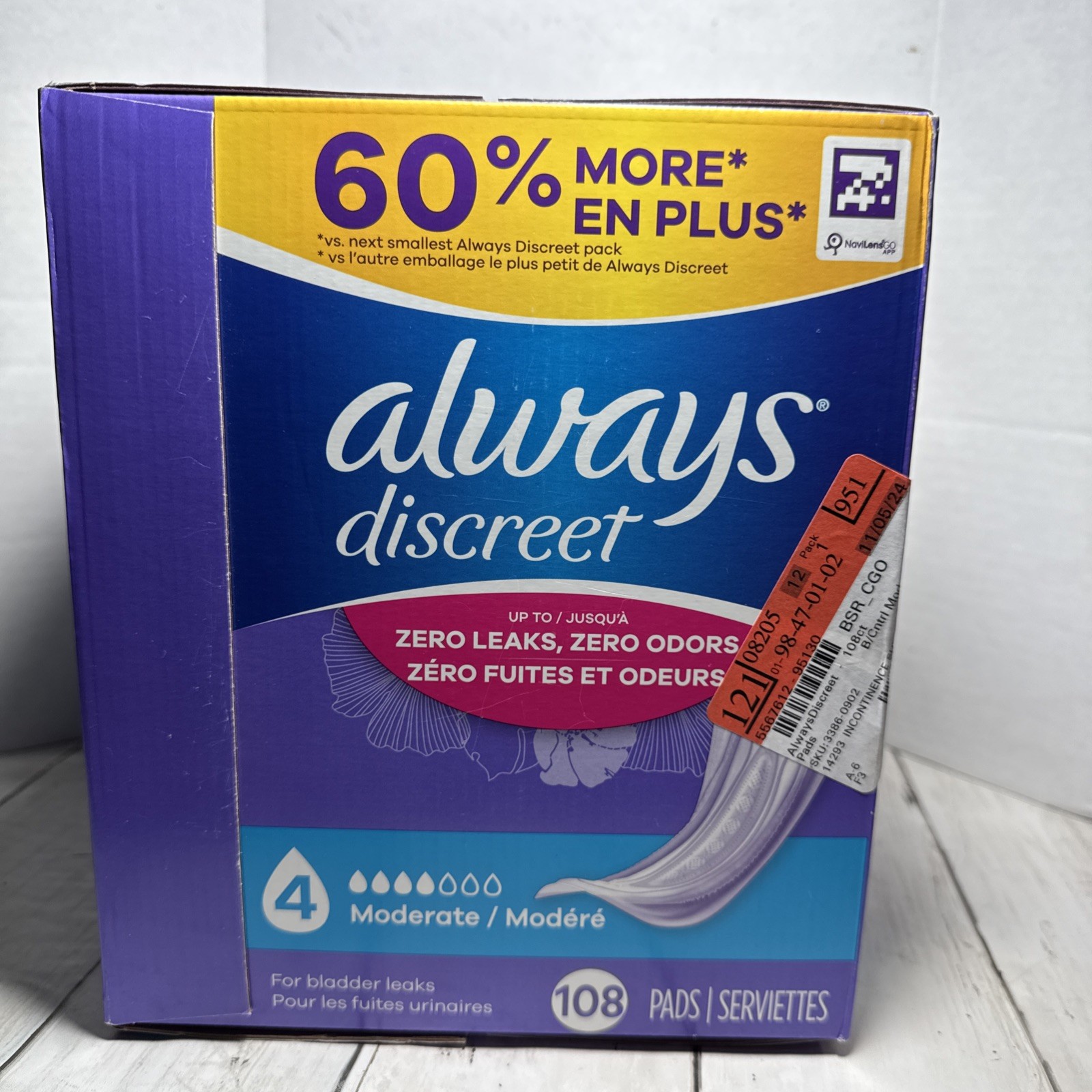 Always Discreet Incontinence Pads # 4 Moderate Regular Length 108CT Sealed