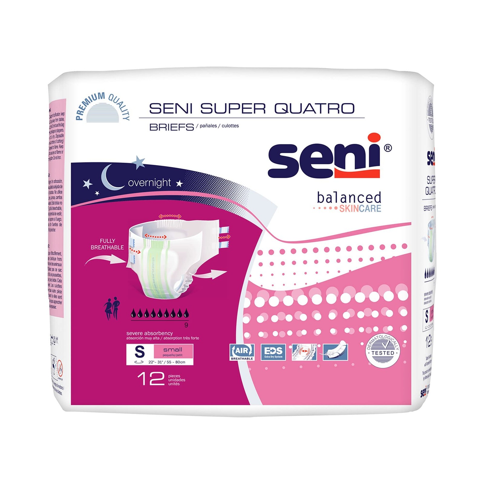 Seni Super Quatro Unisex Adult Incontinence Briefs with, 22-31 in, 12 ct