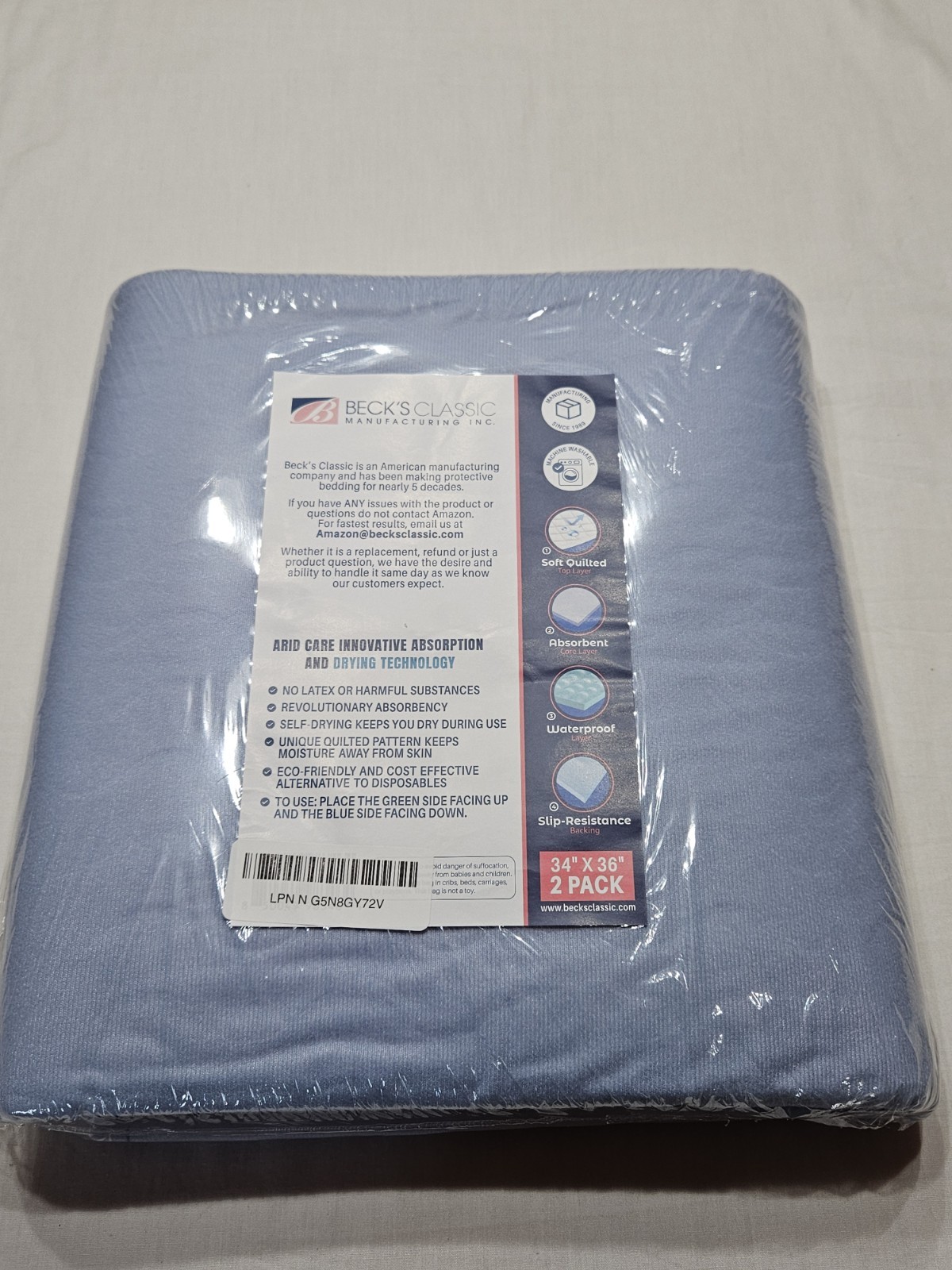 Becks Classic Underpads 34×36 Reusable Underpad Absorbent Core Slip Resistance