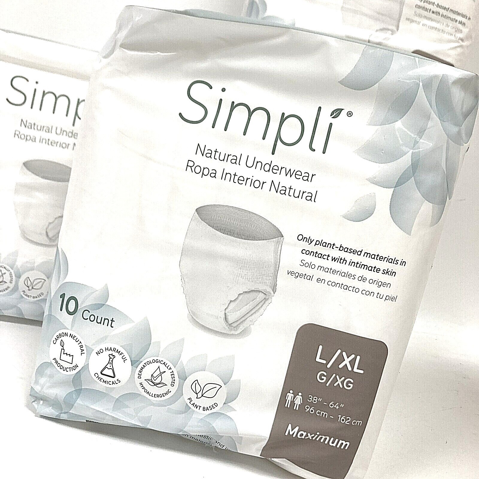 40 Count Simpli Adult L/XL Natural Plant-Based Super-Absorbent Underwear 38”-64”