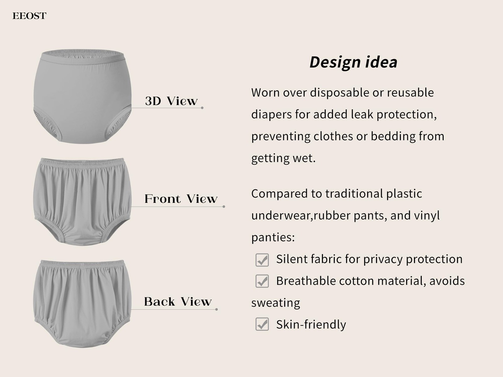 Adult Diaper Cover Noiseless Leak-Protection Waterproof Rubber Pants Gray 5XL