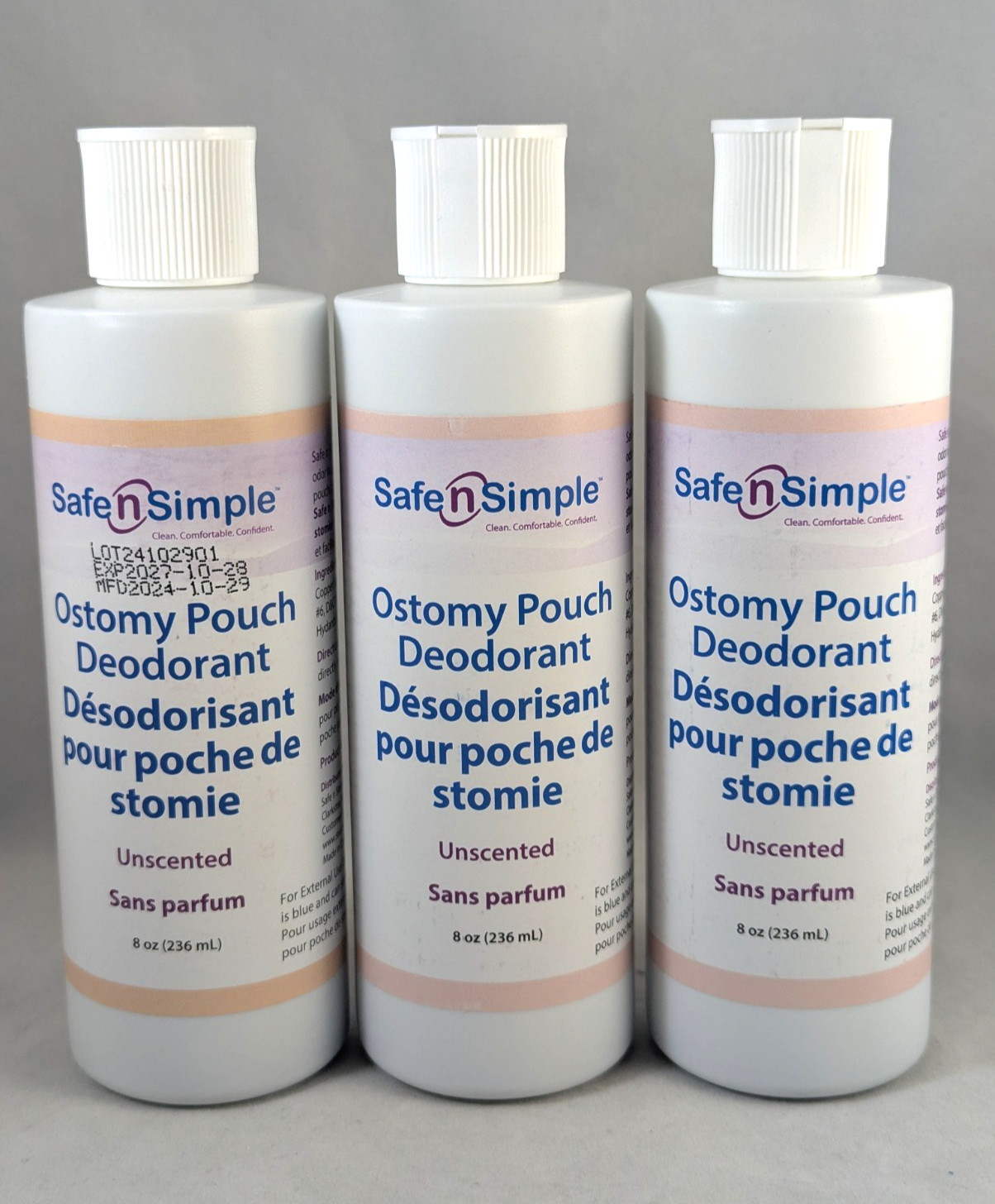 3 Bottles Safe N Simple Ostomy Pouch Deodorant Blue Unscented 8oz Exp 10/27