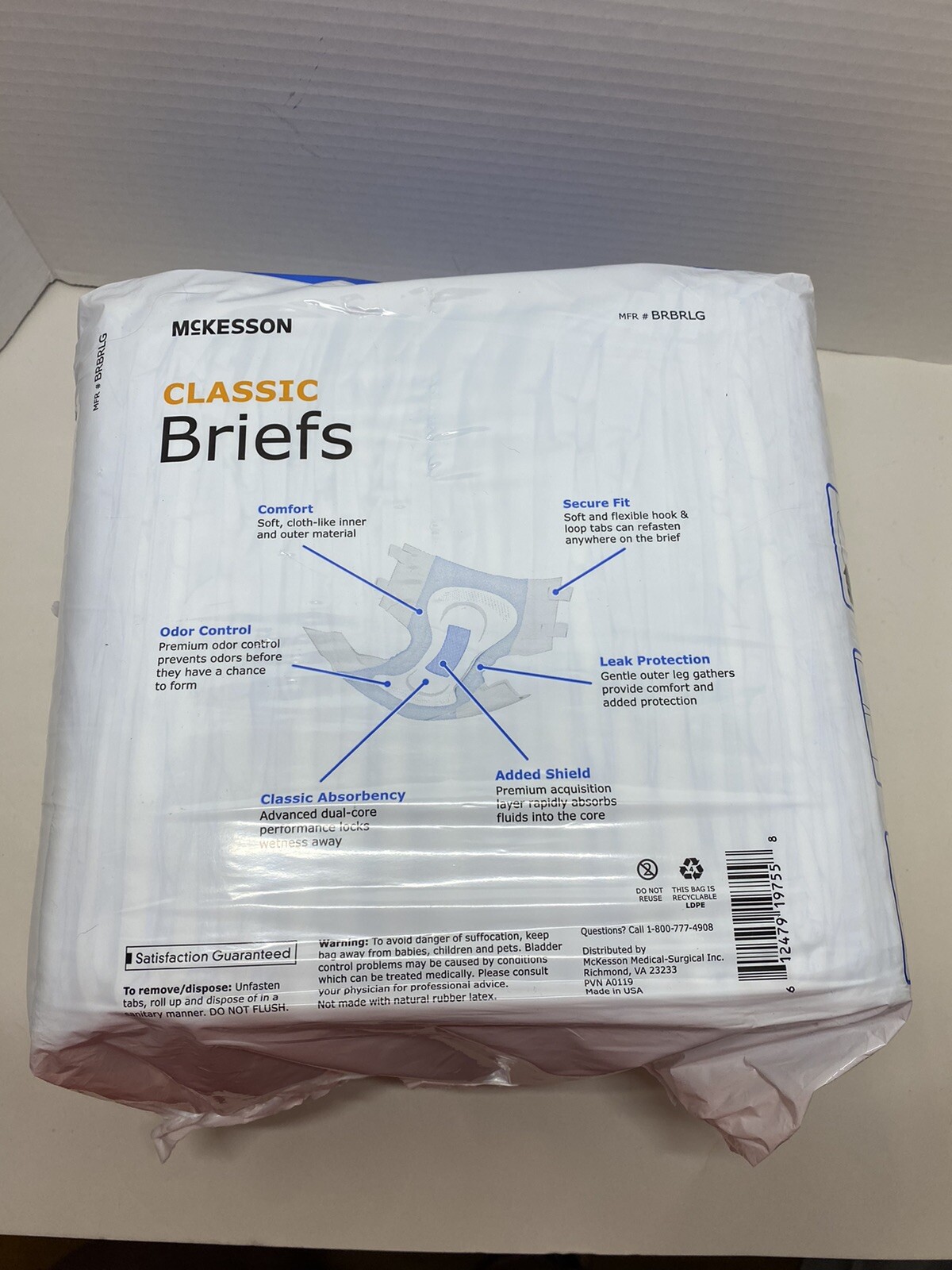 McKesson Classic Adult Briefs LARGE 45–58″ Odor Control – Pack of 18