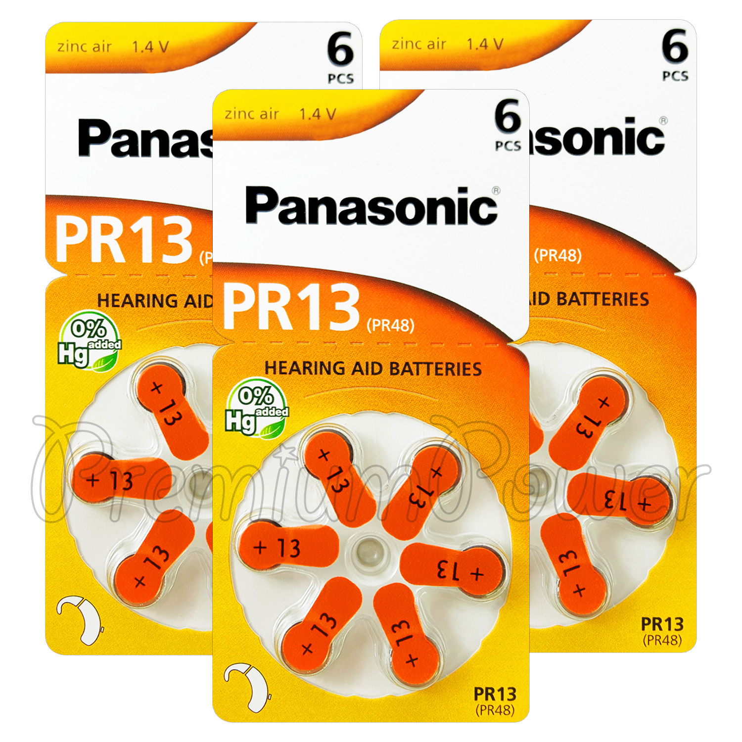 Panasonic 13 Size Hearing Aid batteries PR13 PR48 1.4V 0%Hg Zinc air 6-60 cells