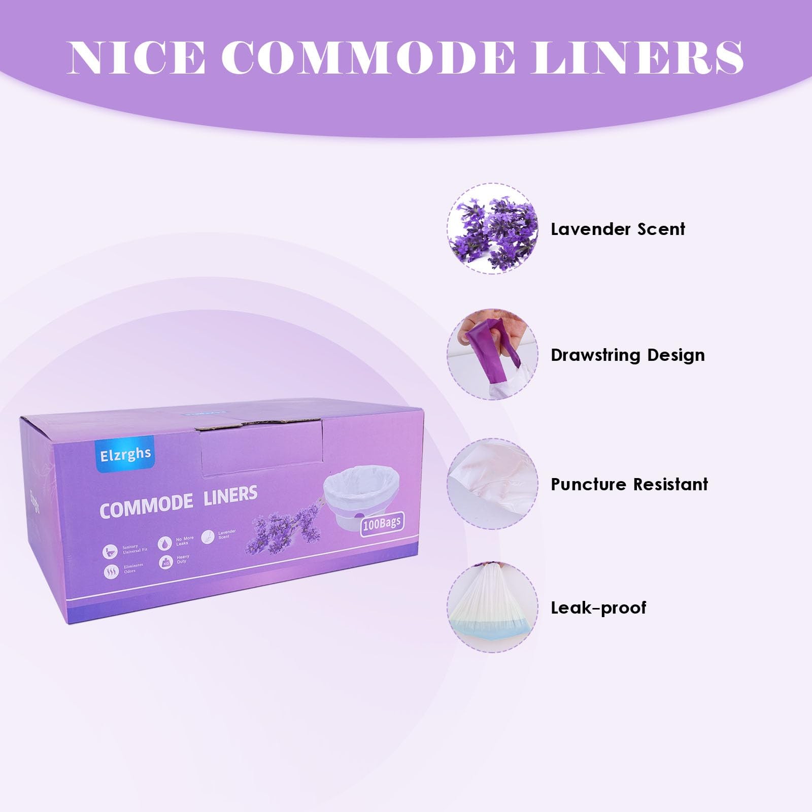 Elzrghs Commode Liners for Bedside Commode, Portable Toilet, 100 Count, White
