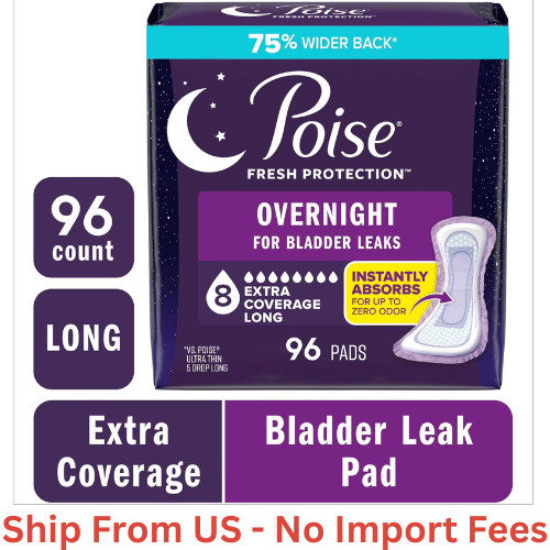 Poise Overnight Incontinence & Postpartum Pads for Bladder Leaks, 8 Drop , 96 Ct