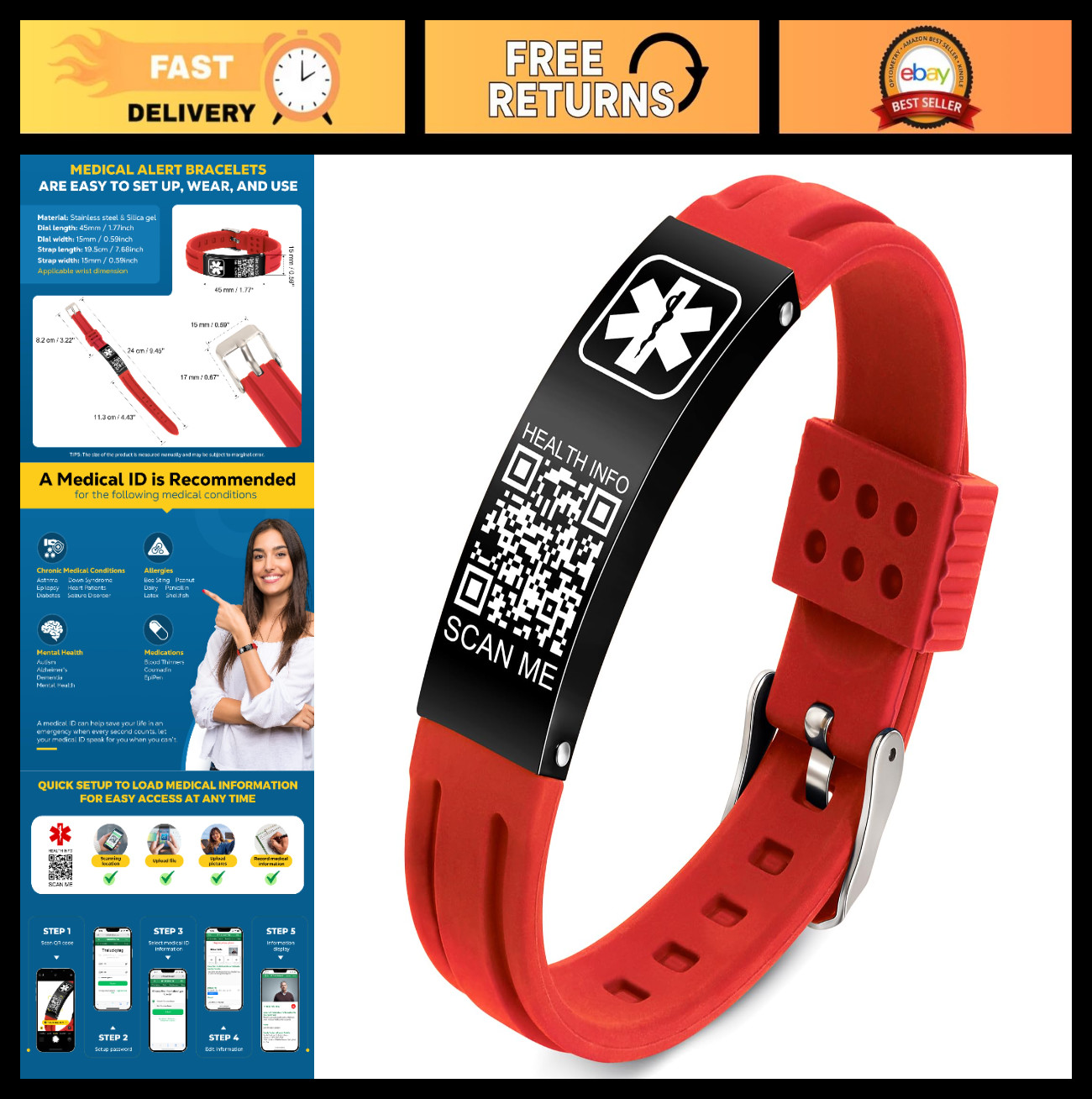 Custom QR Code Medical Alert Bracelets for Men & Women – Waterproof Silicone ID
