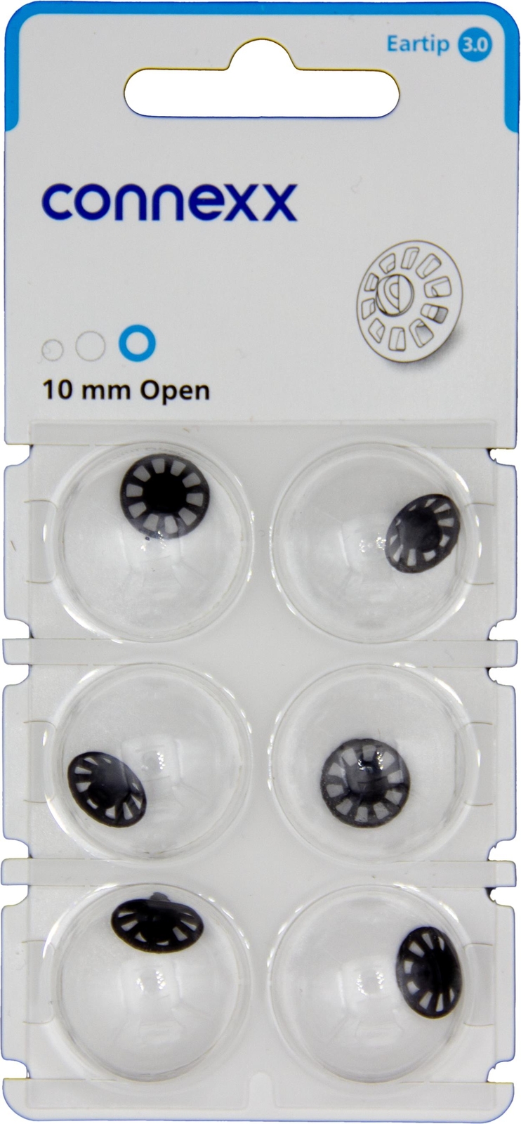 1x Connexx Eartip 3.0 10mm Open Dome 6 Blister Blue Hearing Aid Umbrellas