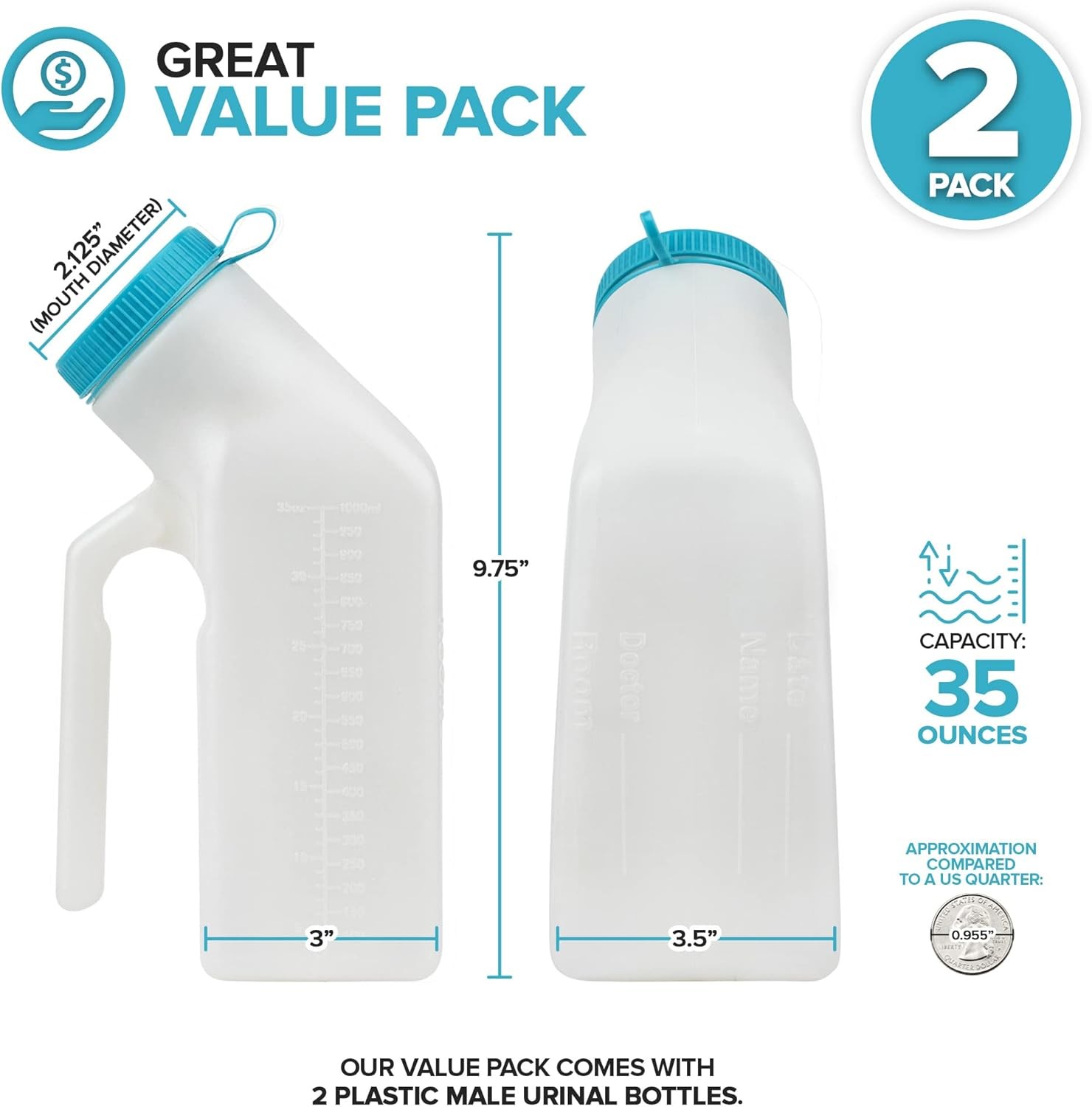 Male Urine Bottles 2 Pack (35 oz), Portable Urinals for Men Spill Proof Nighttim