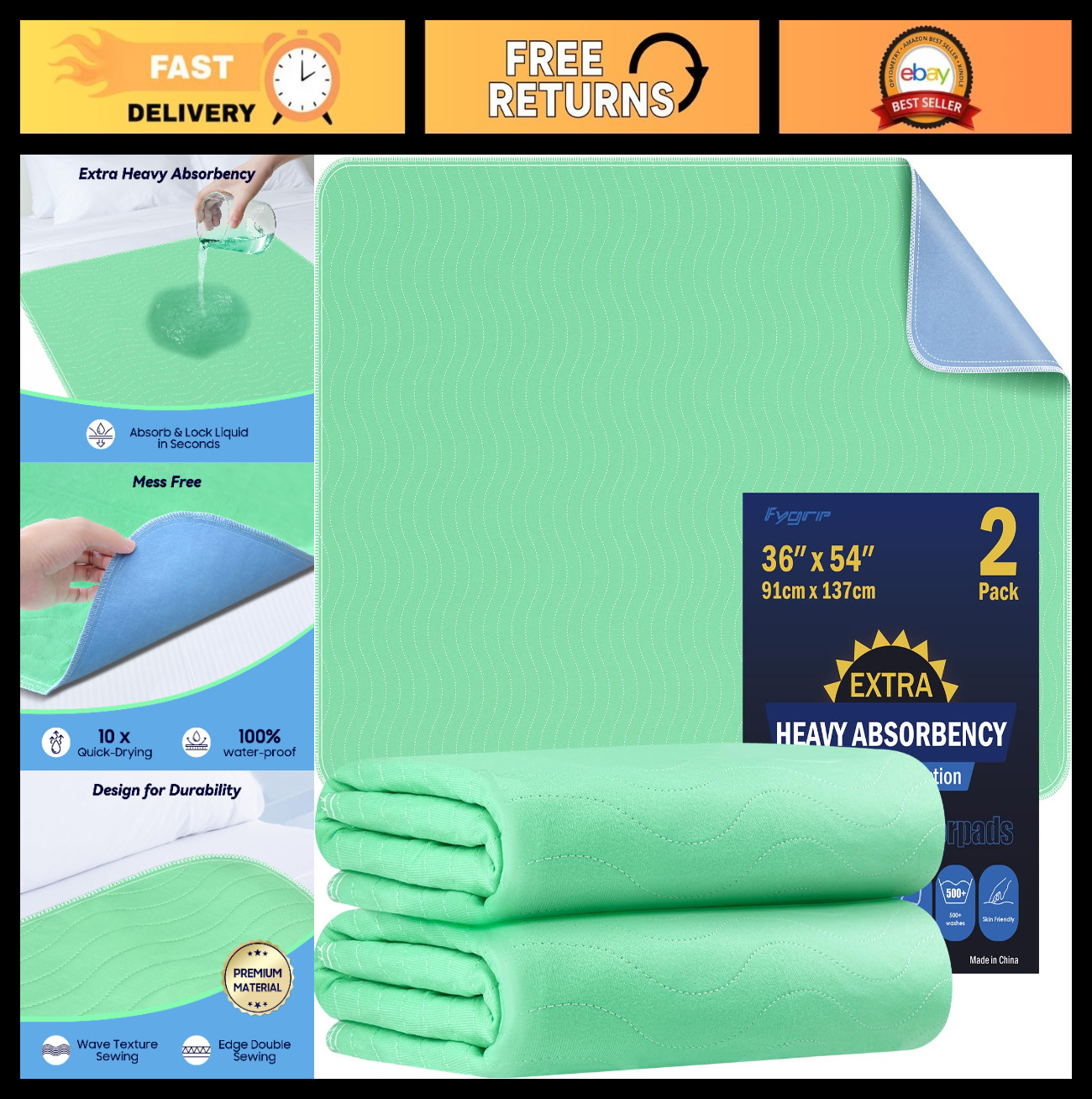 2 Pack 36″x54″ Heavy-Duty Waterproof Washable Underpads, Incontinence Bed Pads,