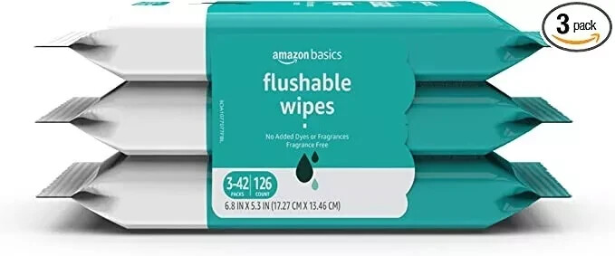 Amazon Basics Flushable Adult Toilet Wipes, 126 Count (3 Packs of 42)